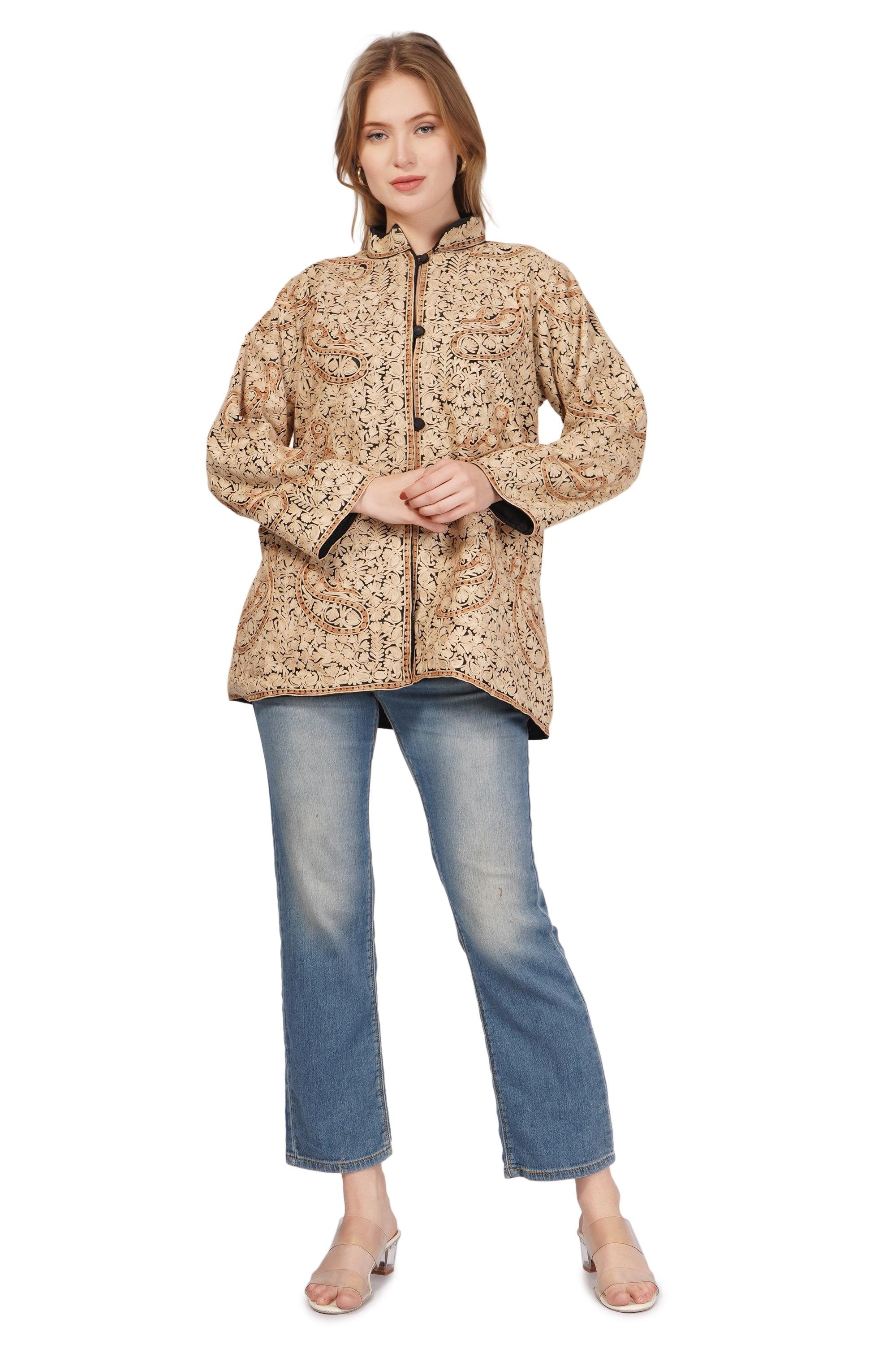 Kashmiri Bohemian Jacket, Short Embroidered Silk Coat, Ethnic Winter Outerwear, Handcrafted Fashion, Wool Jacket For Women