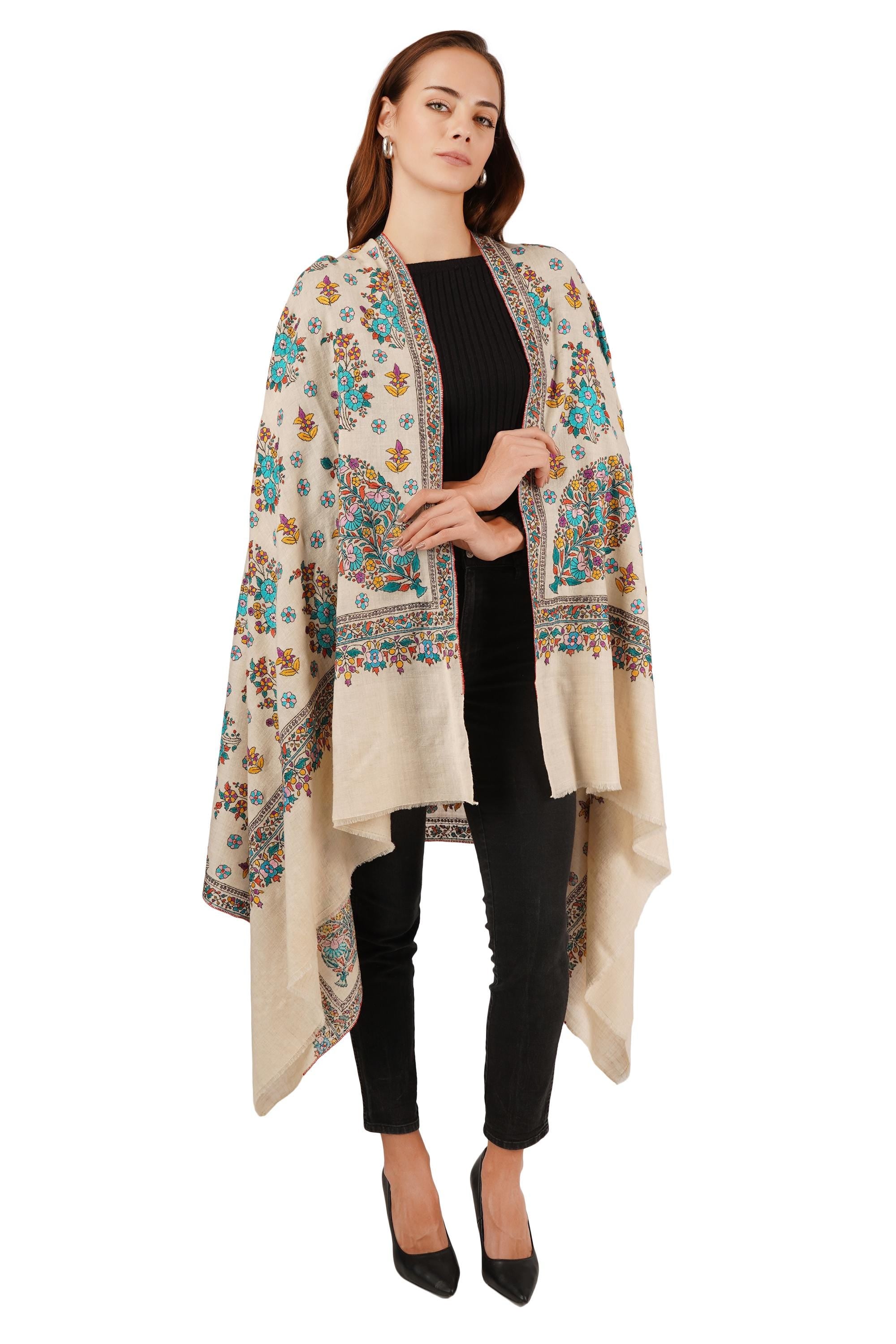 Pure Pashmina sozni handwork Embroidery Shawl, Handmade Undyed Natural White, Paper Mache Embroidery, Sozni Hand Embroidery - BATIN