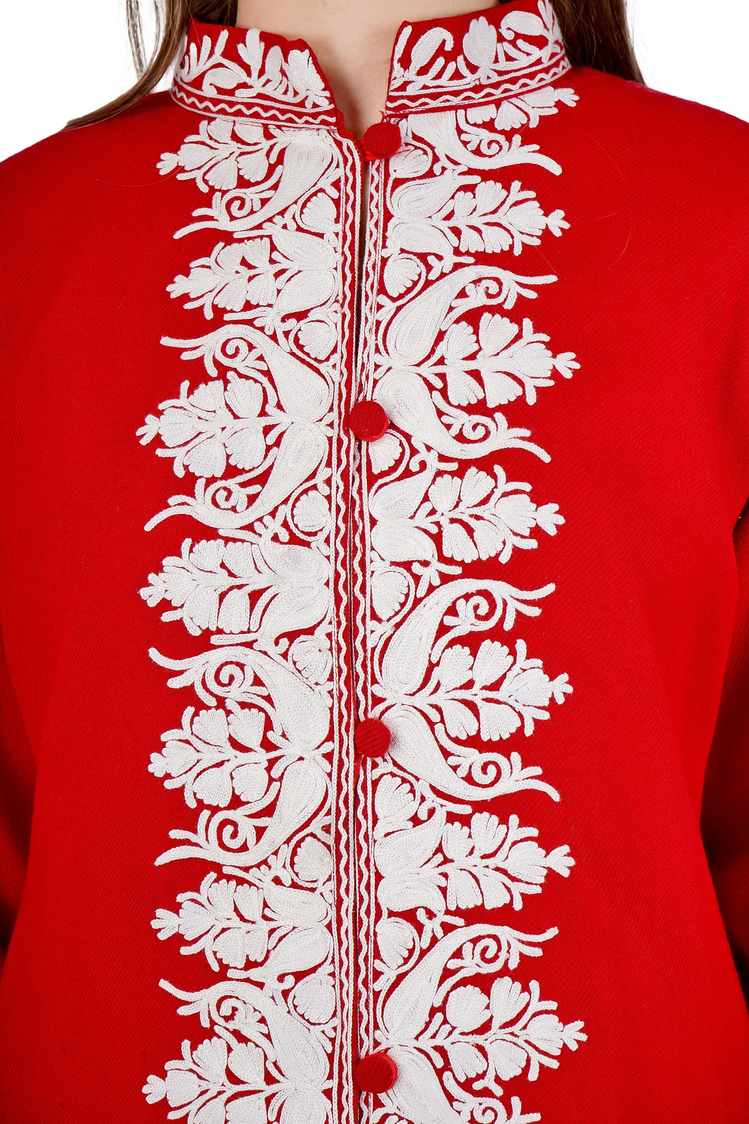 Kashmiri Aari Embroidered Long woollen Jacket, Winter Coat For Women, Paisley Indian Jacket