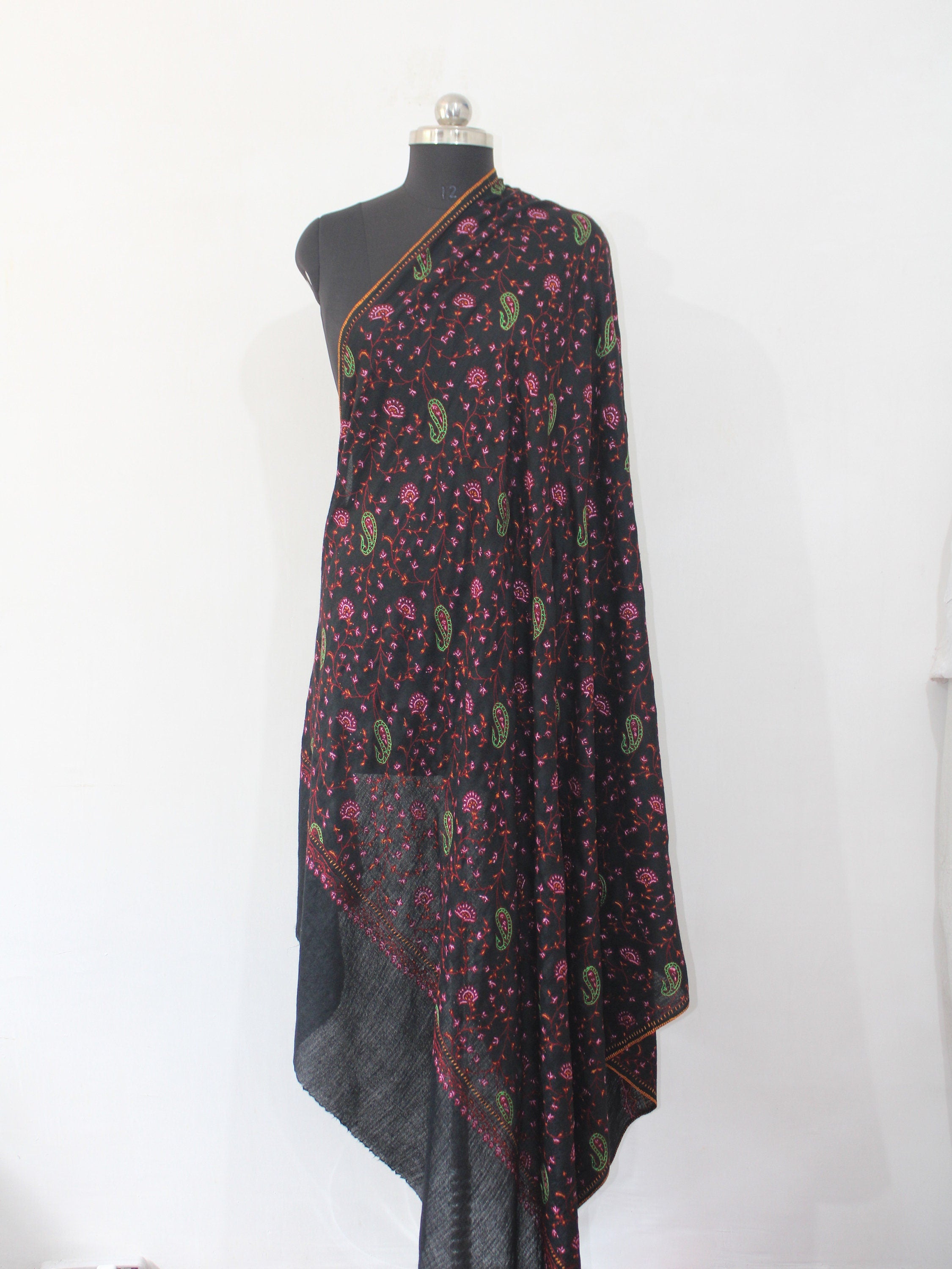 Black Merino Wool Shawl with Sozni Handwork, Kashmiri Shawl, Perfect Gift Idea