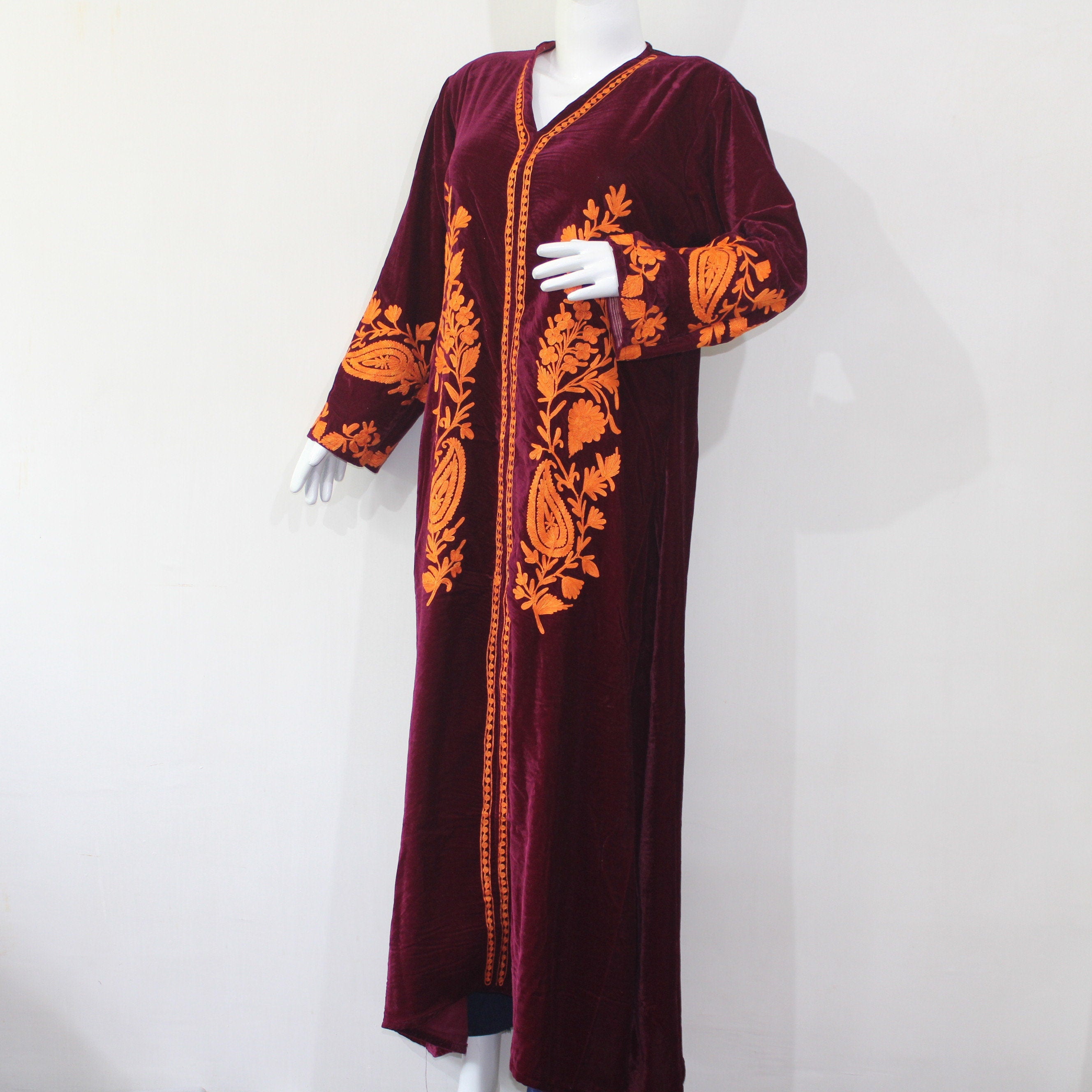 Kashmiri Aari Embroidered Velvet Gown, Long Sleeves, Floral Embroidery, Dress for women