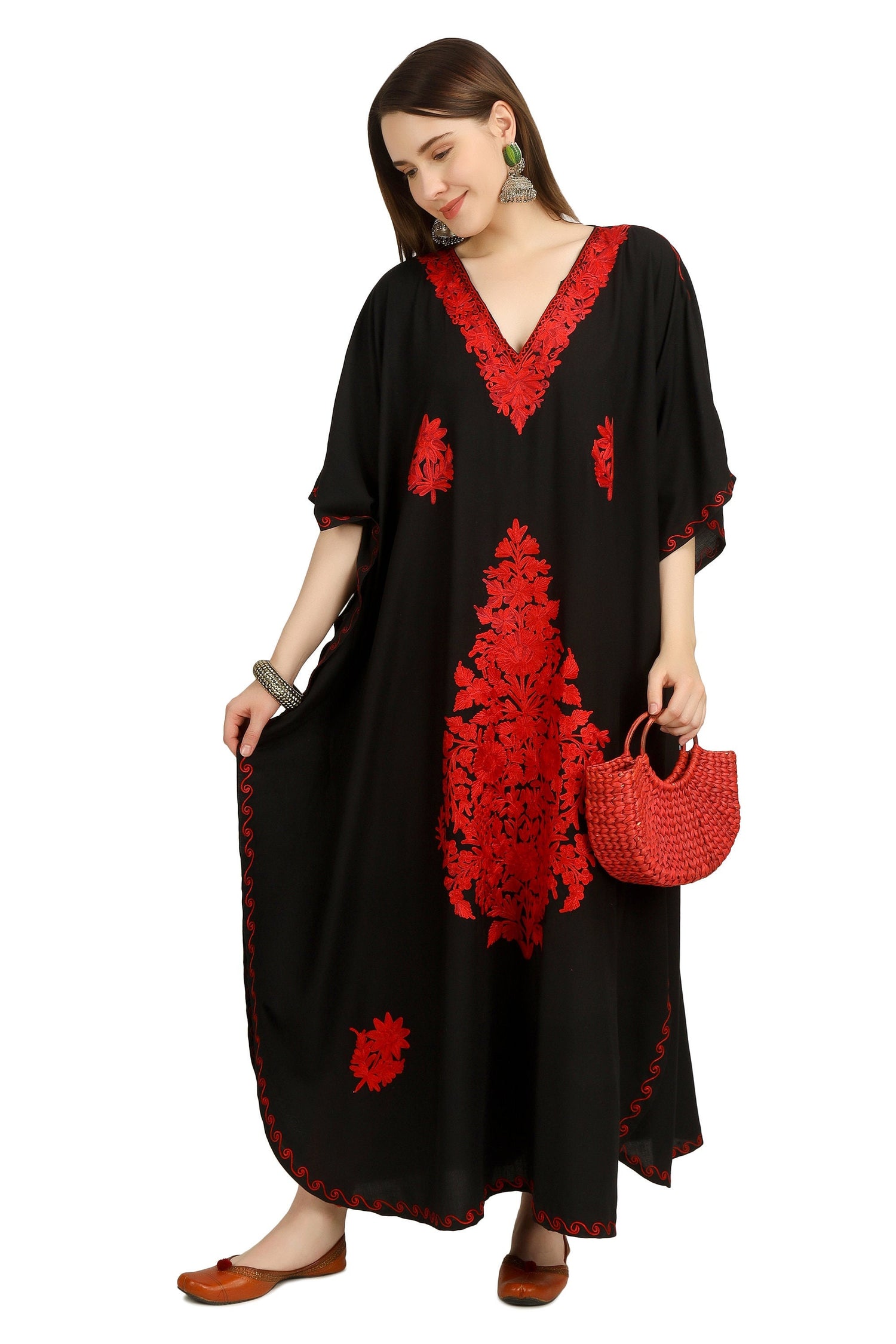 Kashmiri Aari Embroidered Cotton Kaftan for Women, Handmade Kaftan Dress for Girls, Cotton Maxi Dress for Summers