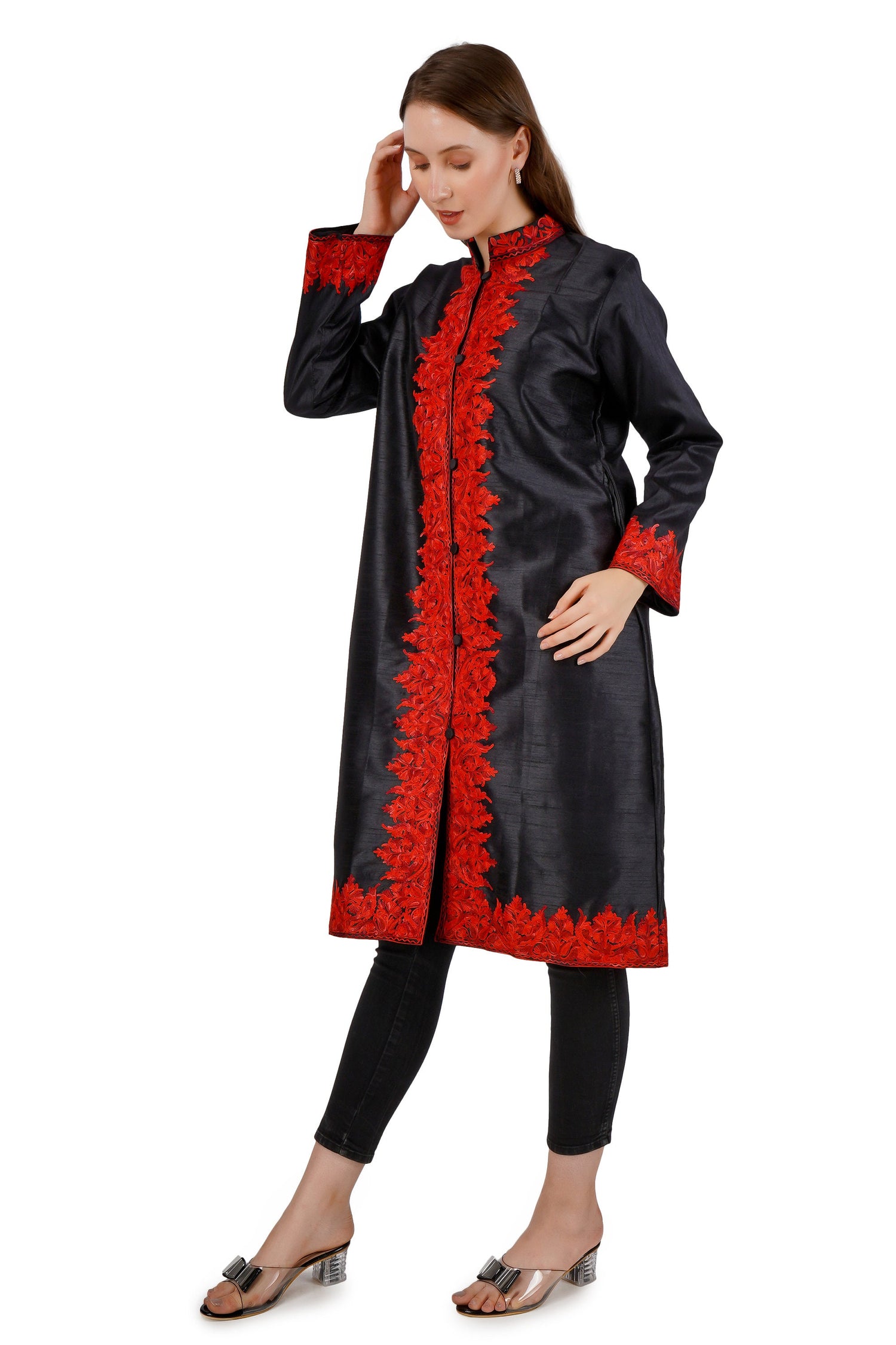 Kashmiri Aari Embroidered Long Silk Jacket, Summer Coat For Women
