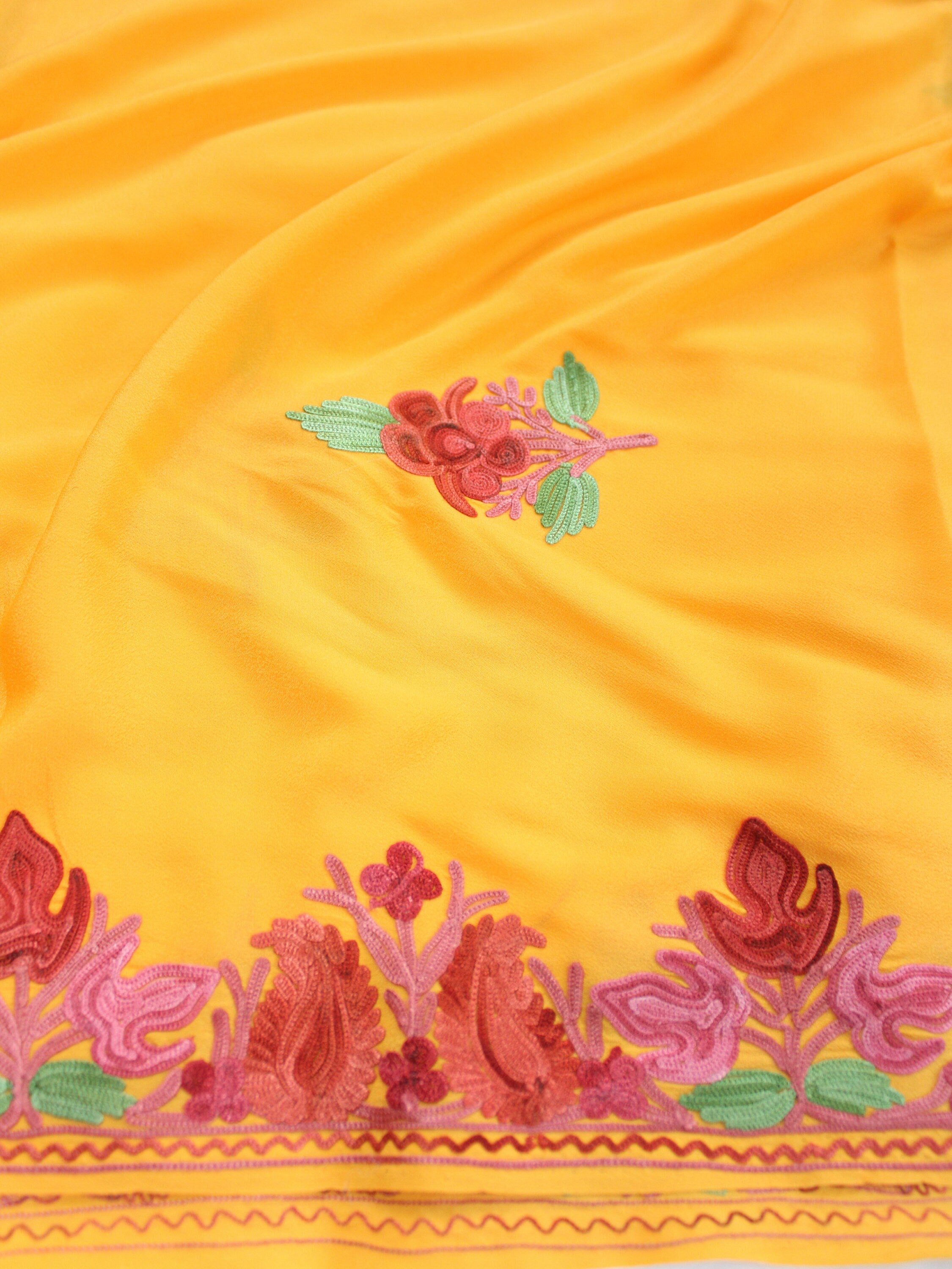 Traditional Kashmiri Saree with Stunning Embroidery - Crepe Sari with Aariwork Blouse