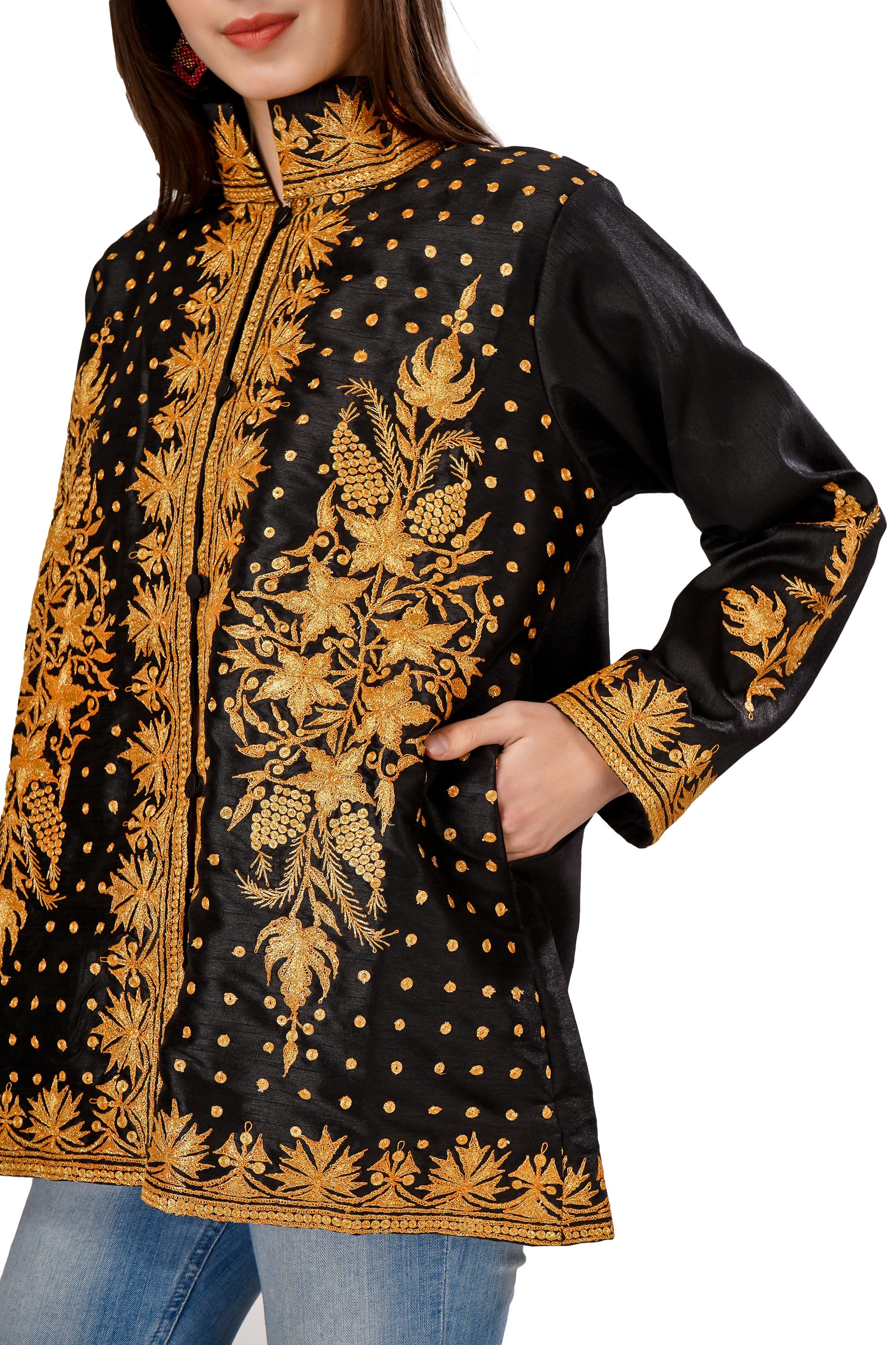 Kashmiri Jacket, Embroidered Silk Jacket, Short Length Coat, Bohemian Jacket, Tilla Embroidered Jacket, Short Embroidered Coat - BATIN