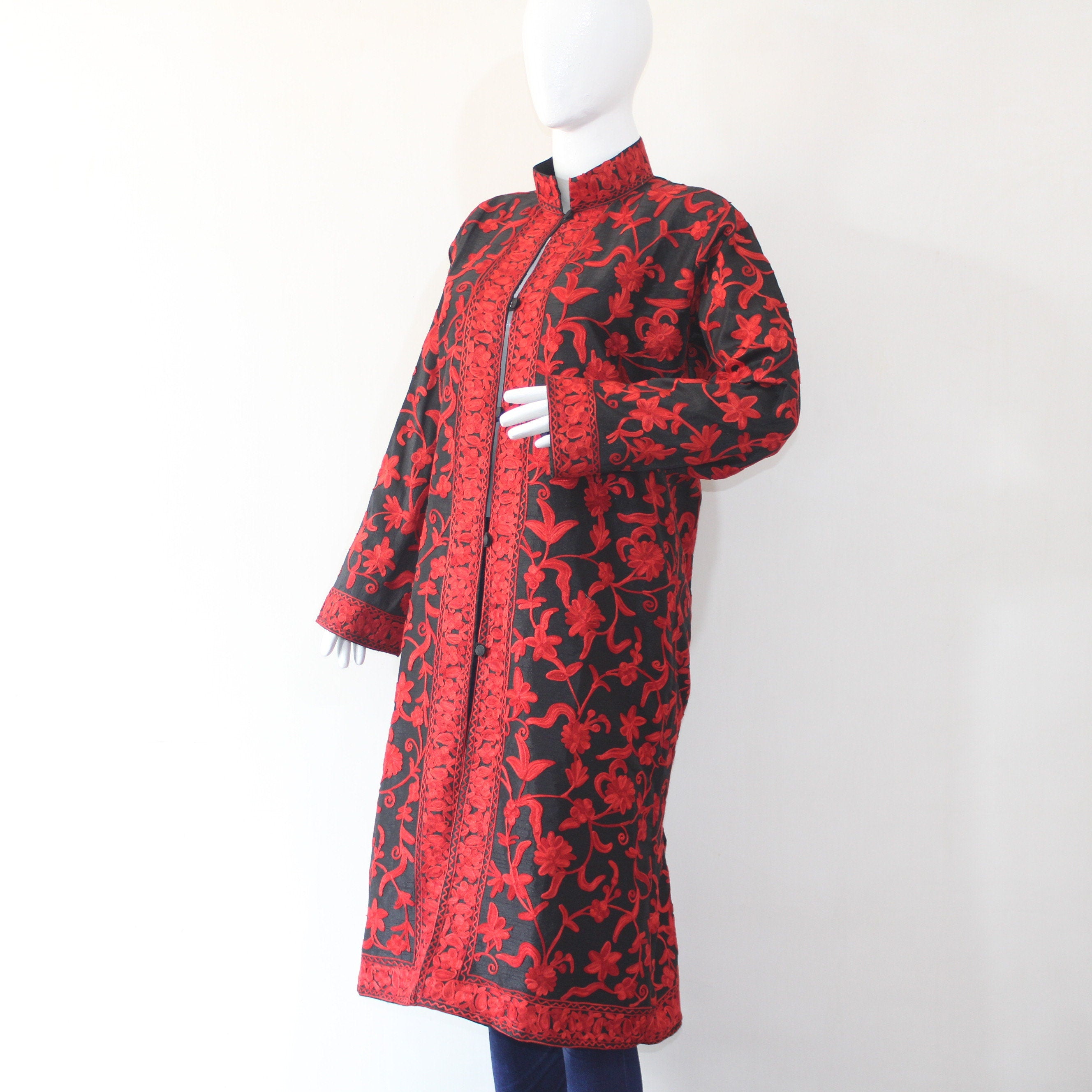 Bohemian wool Jacket - Hand-Embroidered Kashmiri Coat - Long Length winter Coat