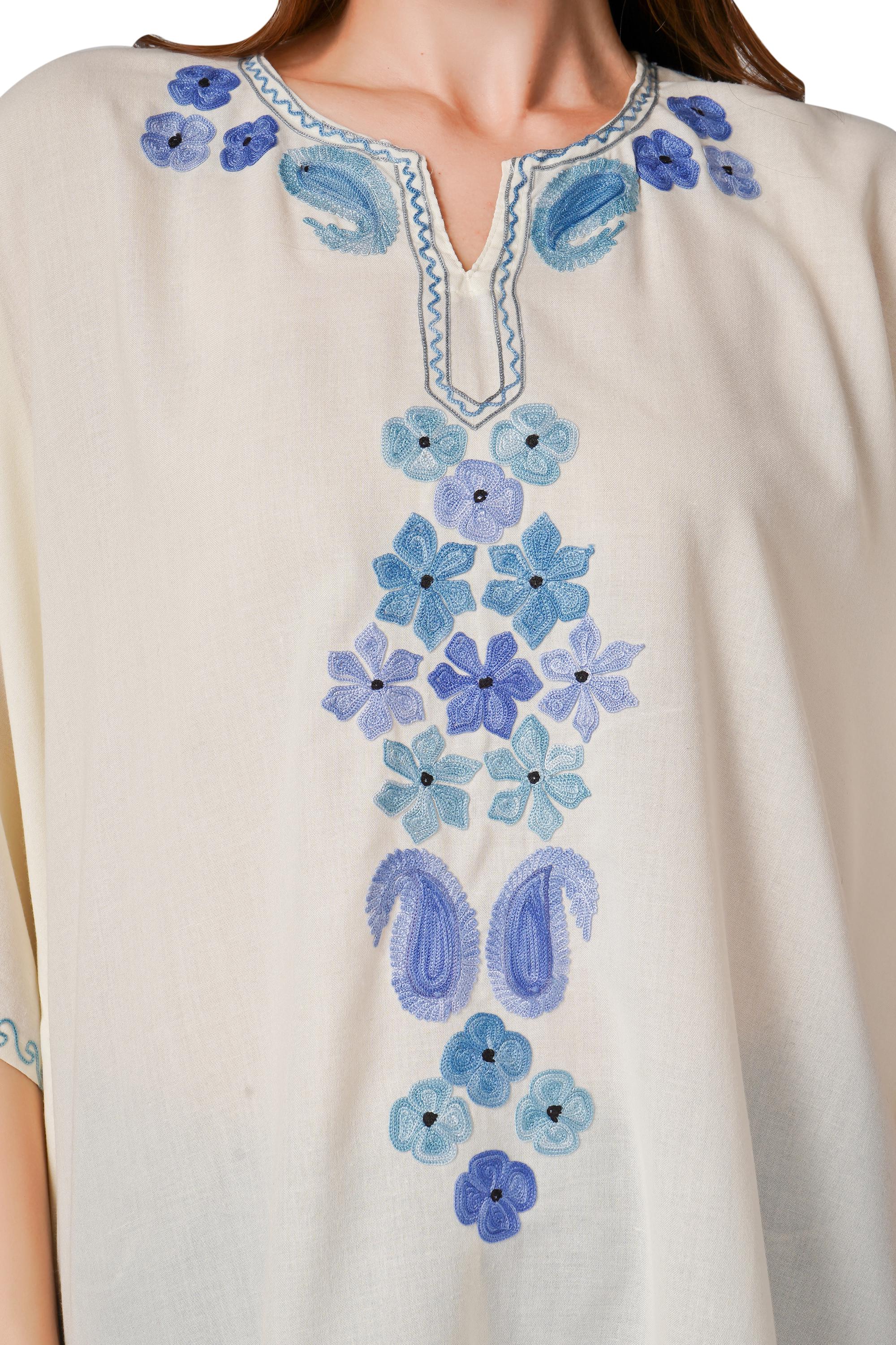 Kashmiri Aari Embroidered Womens Kaftan Kurti, Embroidered Cotton Kaftan Regular Fit Top, Short Kurti For Summer (Free Size)