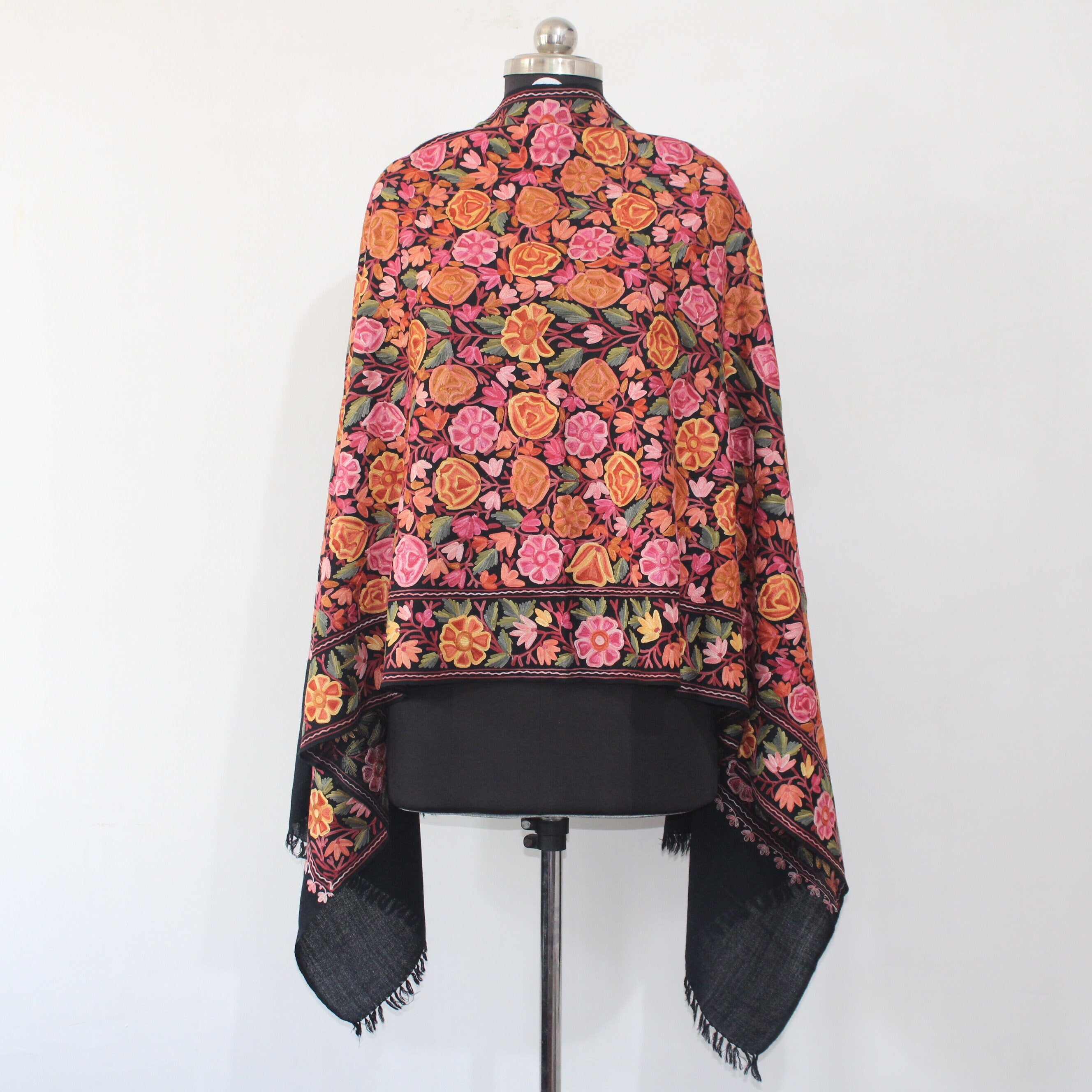 Handmade Kashmiri Merino Wool Stole, Intricate Aari Embroidery, Cozy Black Scarf