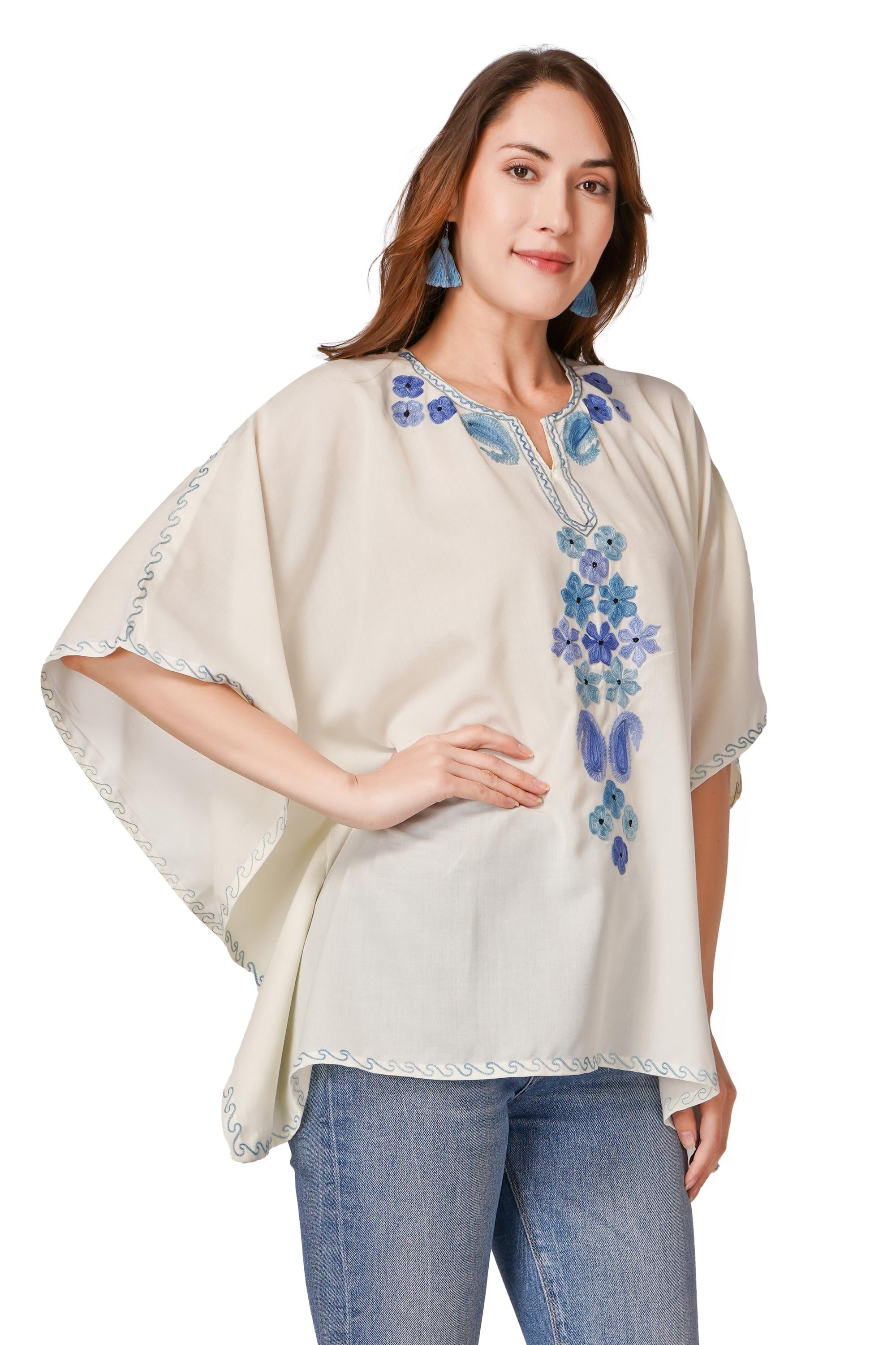 Kashmiri Aari Embroidered Womens Kaftan Kurti, Embroidered Cotton Kaftan Regular Fit Top, Short Kurti For Summer (Free Size)