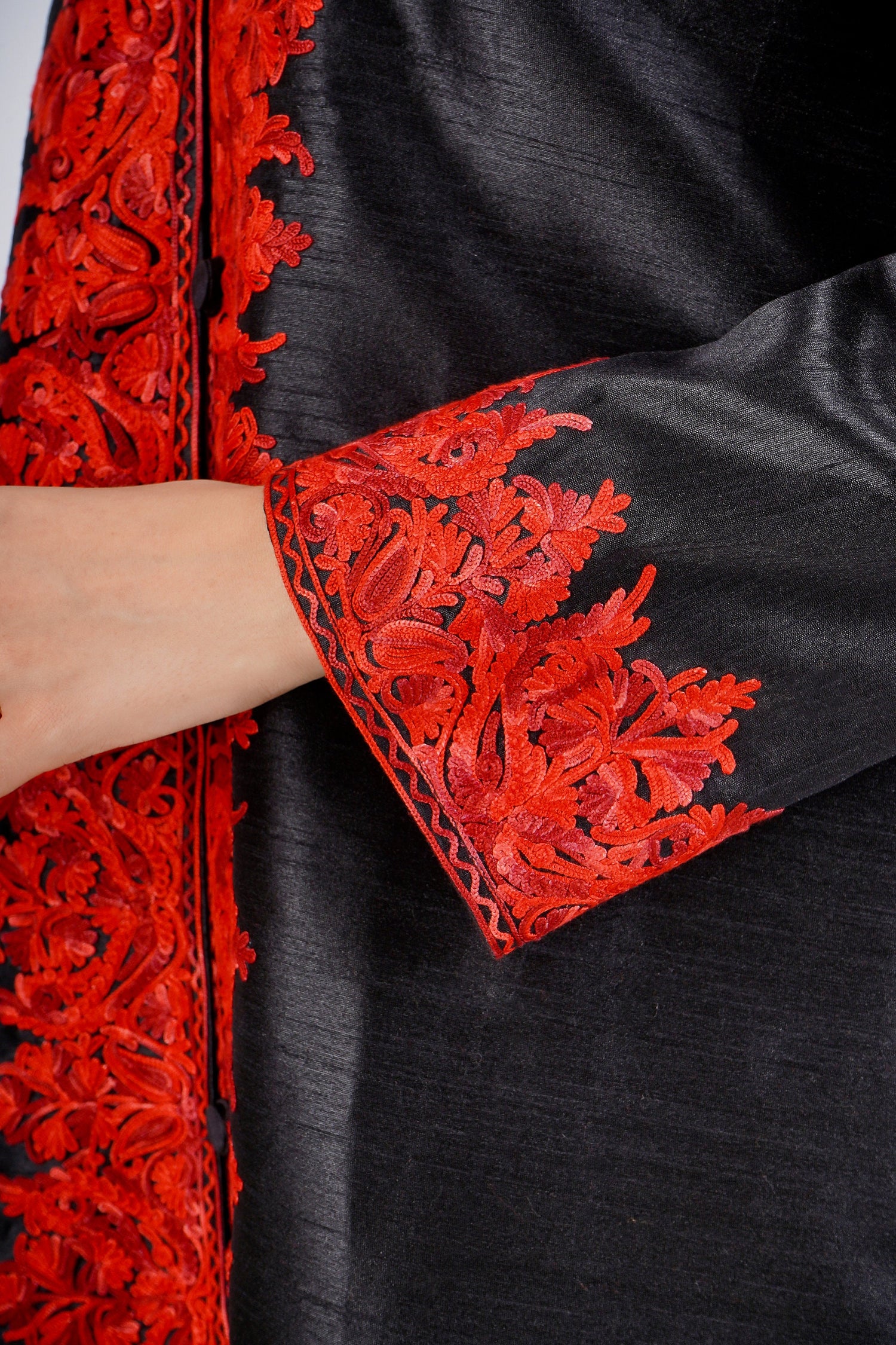 Kashmiri Aari Embroidered Long Silk Jacket, Summer Coat For Women