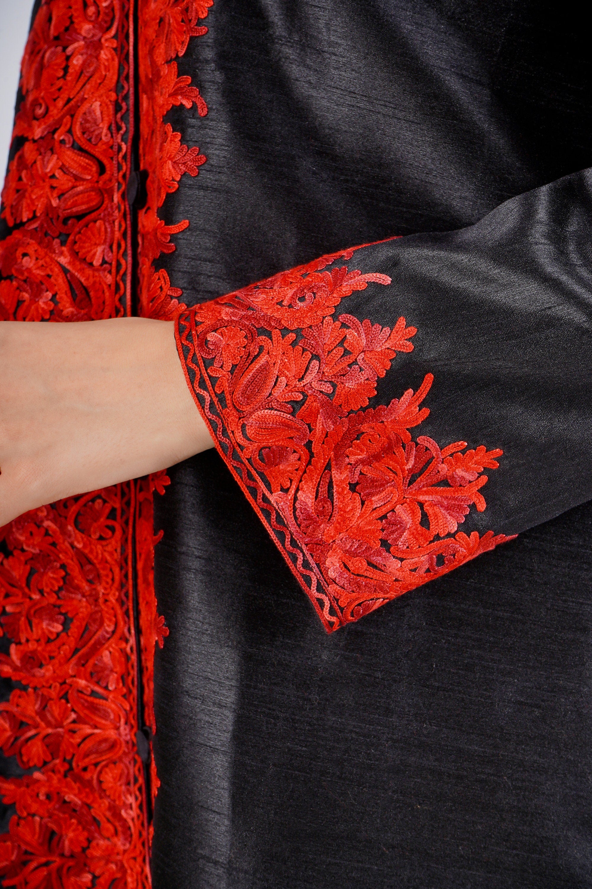 Kashmiri Aari Embroidered Long Silk Jacket, Summer Coat For Women