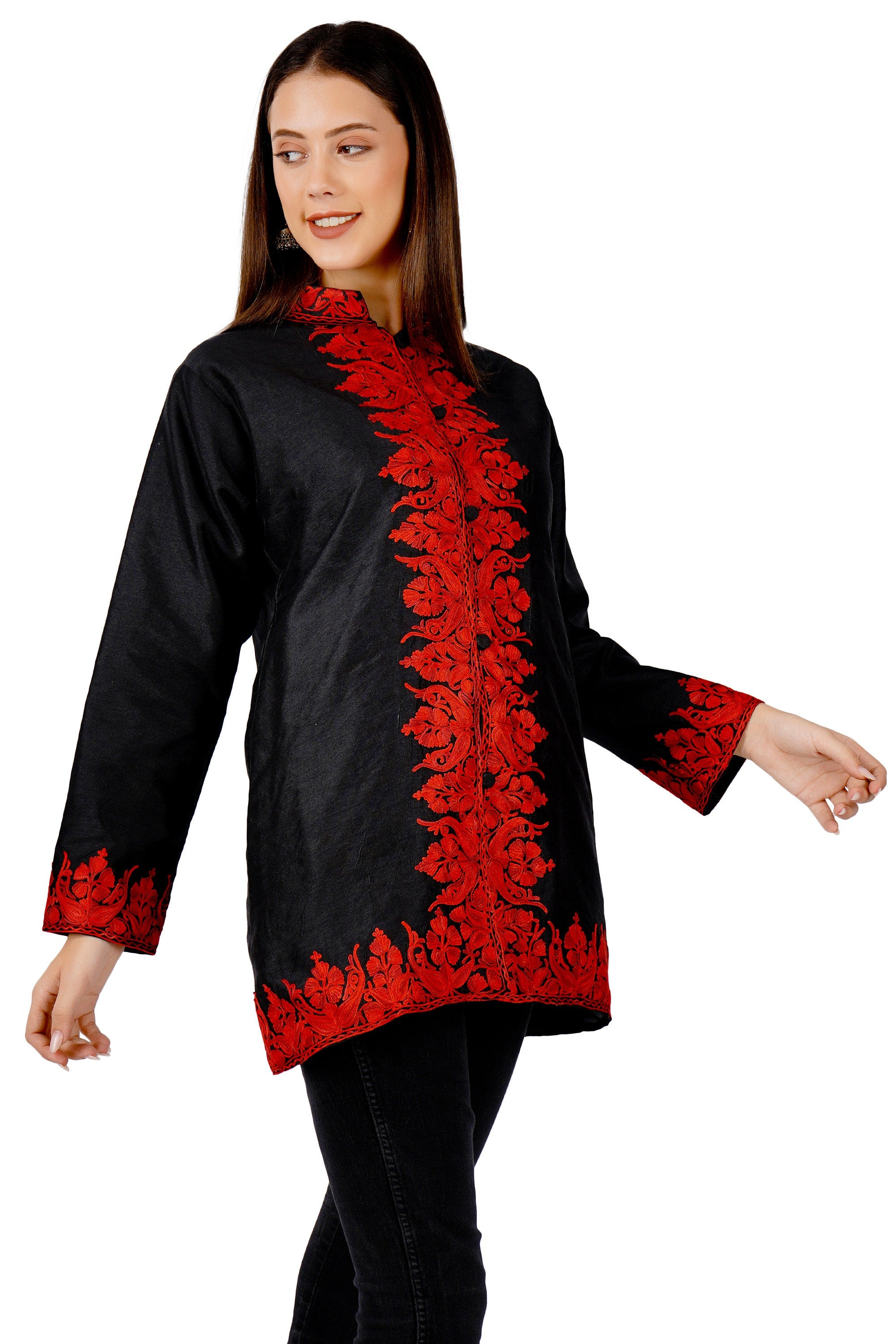 Short Embroidered Silk Jacket: Bohemian Style Kashmiri Coat