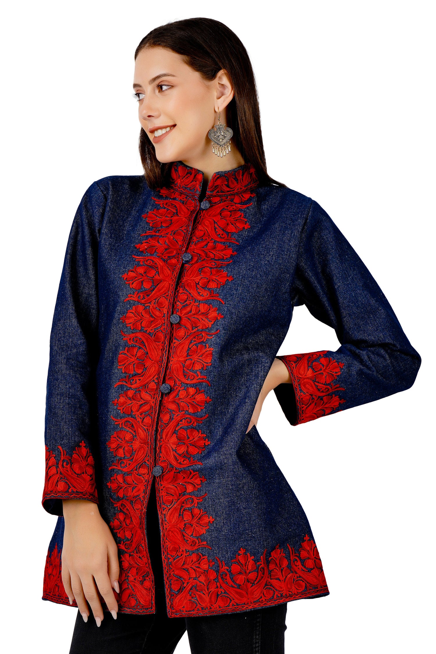 Kashmiri Aari Embroidered Denim Jacket, Short Embroidered Coat, Stylish Fusion of Culture and Trend, Jeans Jacket