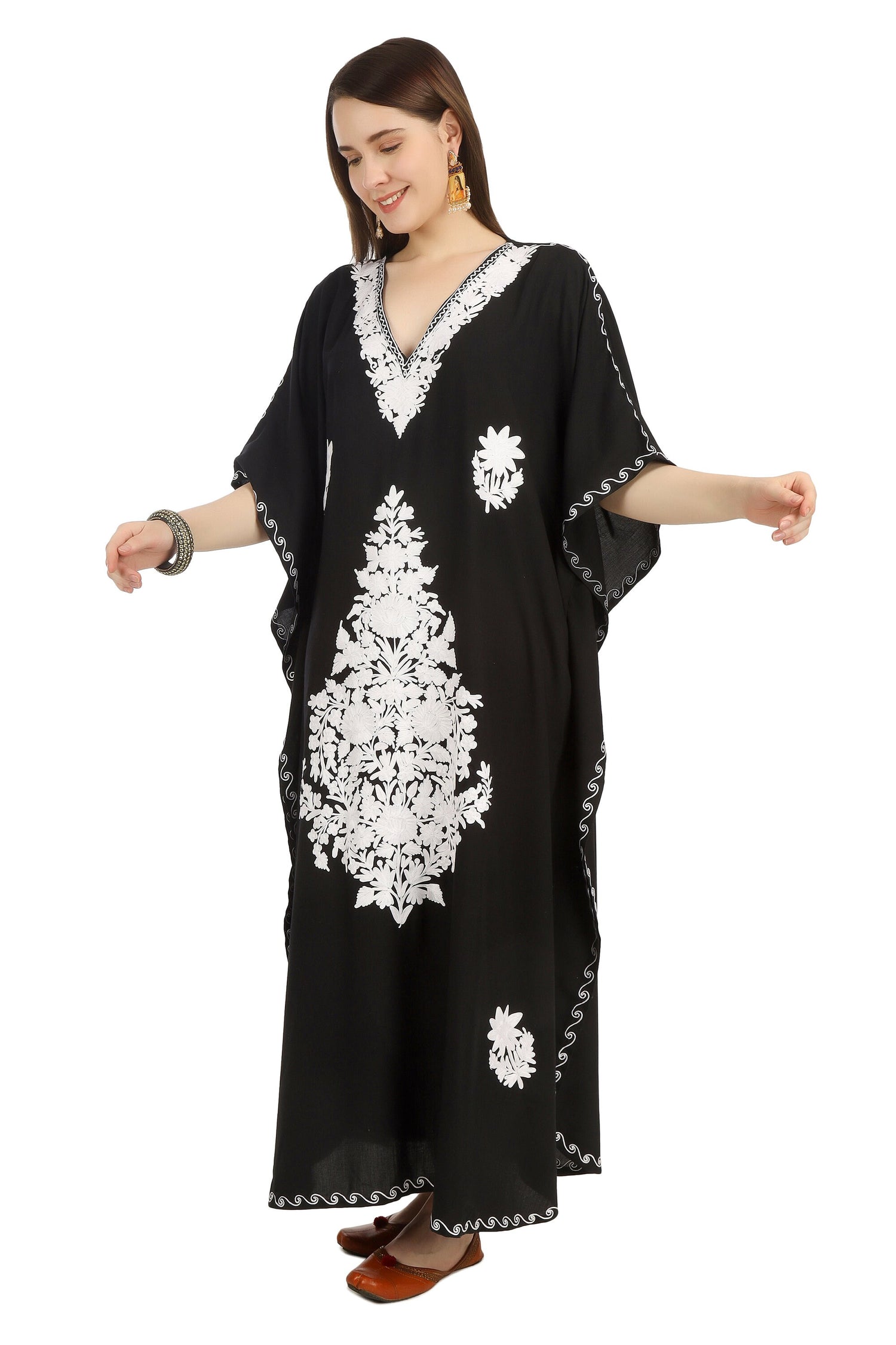 Kashmiri Aari Embroidered Cotton Kaftan for Women, Handmade Kaftan Dress for Girls, Cotton Maxi Dress for Summers