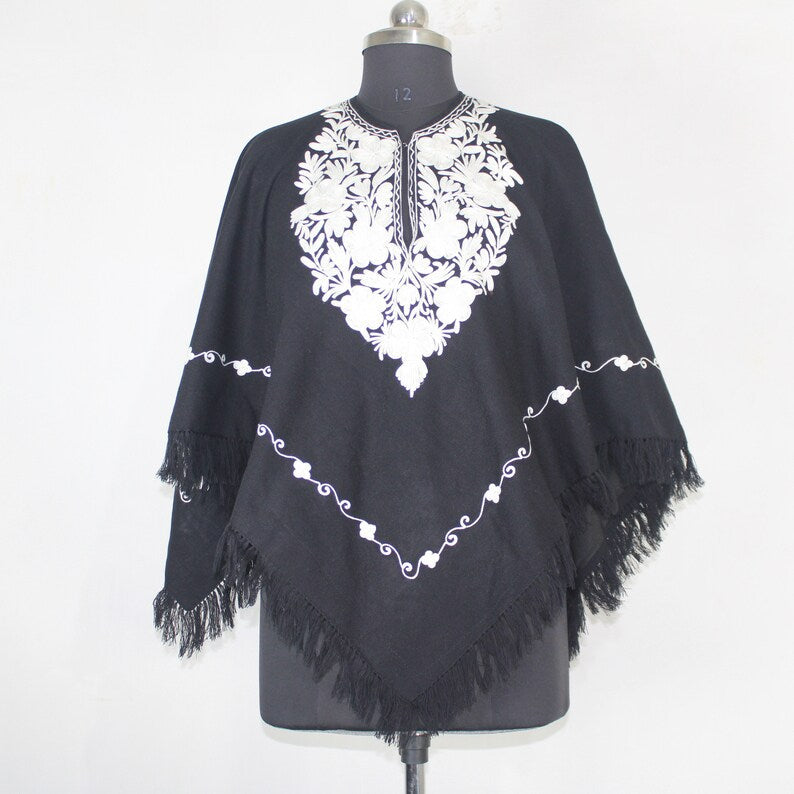 Handmade Kashmiri Aari Embroidered Wool Poncho - Silk Lined BATIN