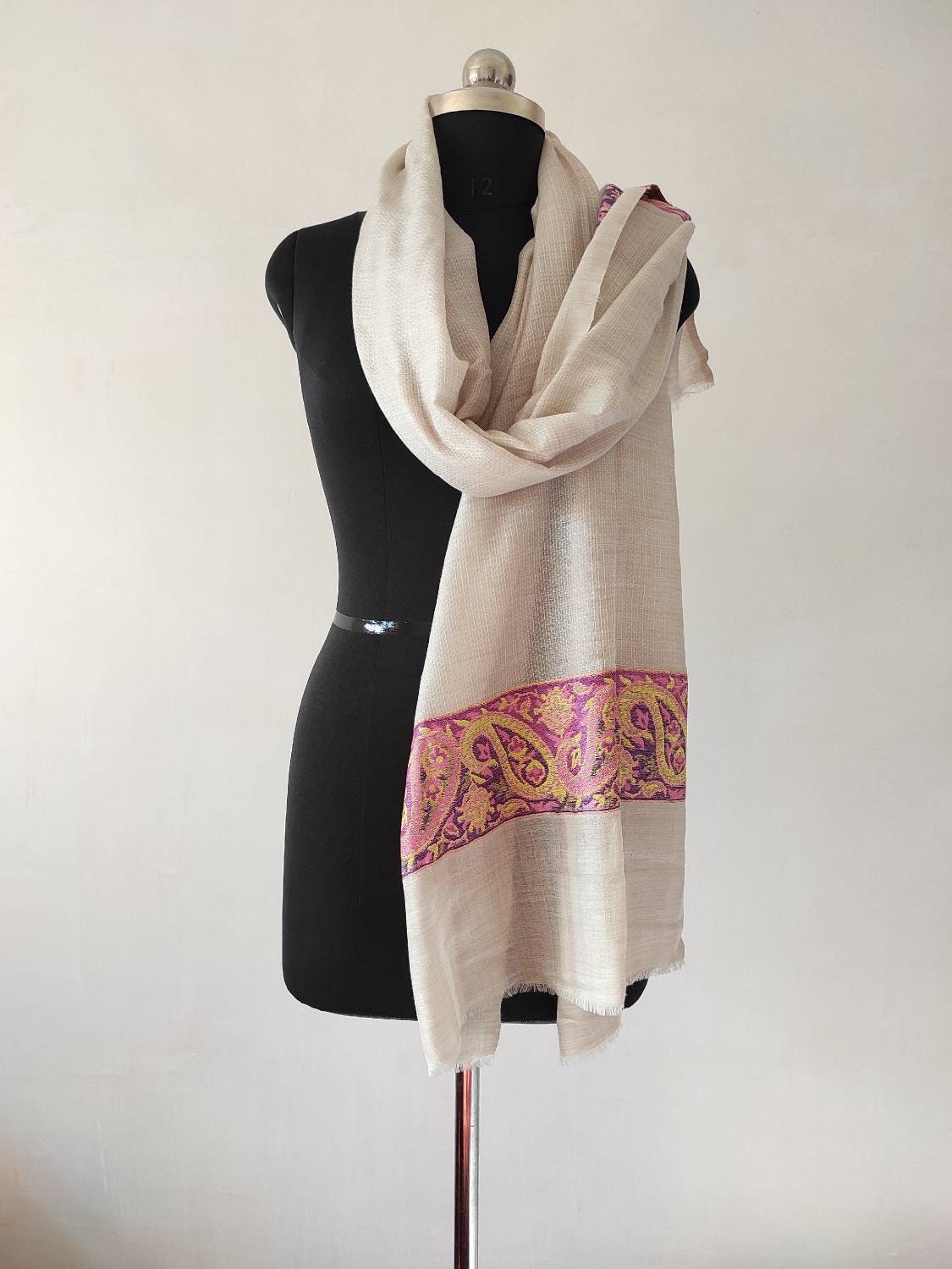 Beige Pashmina Scarf: Unisex Wool Stole, Self Print (28x80 inch) BATIN