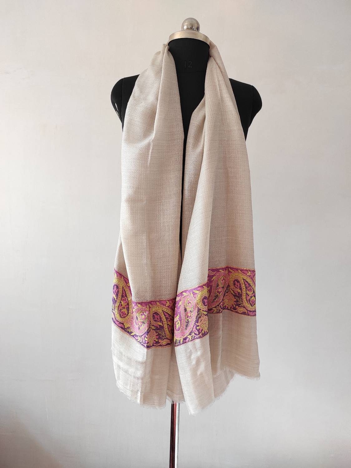Beige Pashmina Scarf: Unisex Wool Stole, Self Print (28x80 inch) BATIN