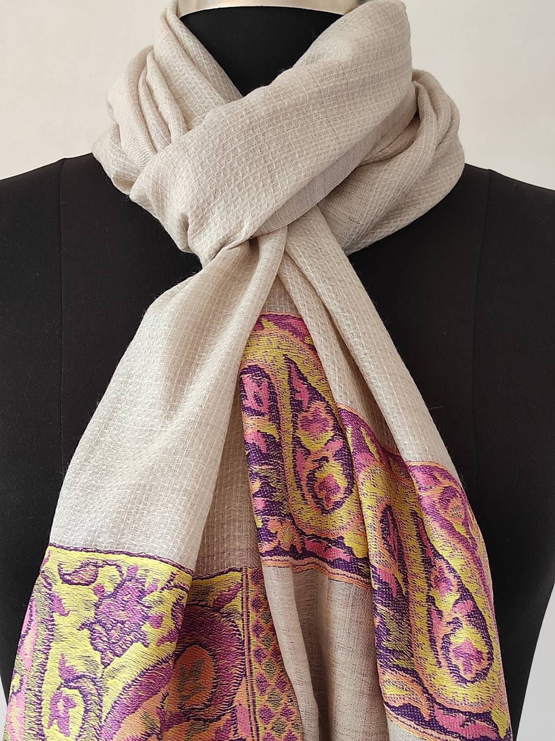 Beige Pashmina Scarf: Unisex Wool Stole, Self Print (28x80 inch) BATIN