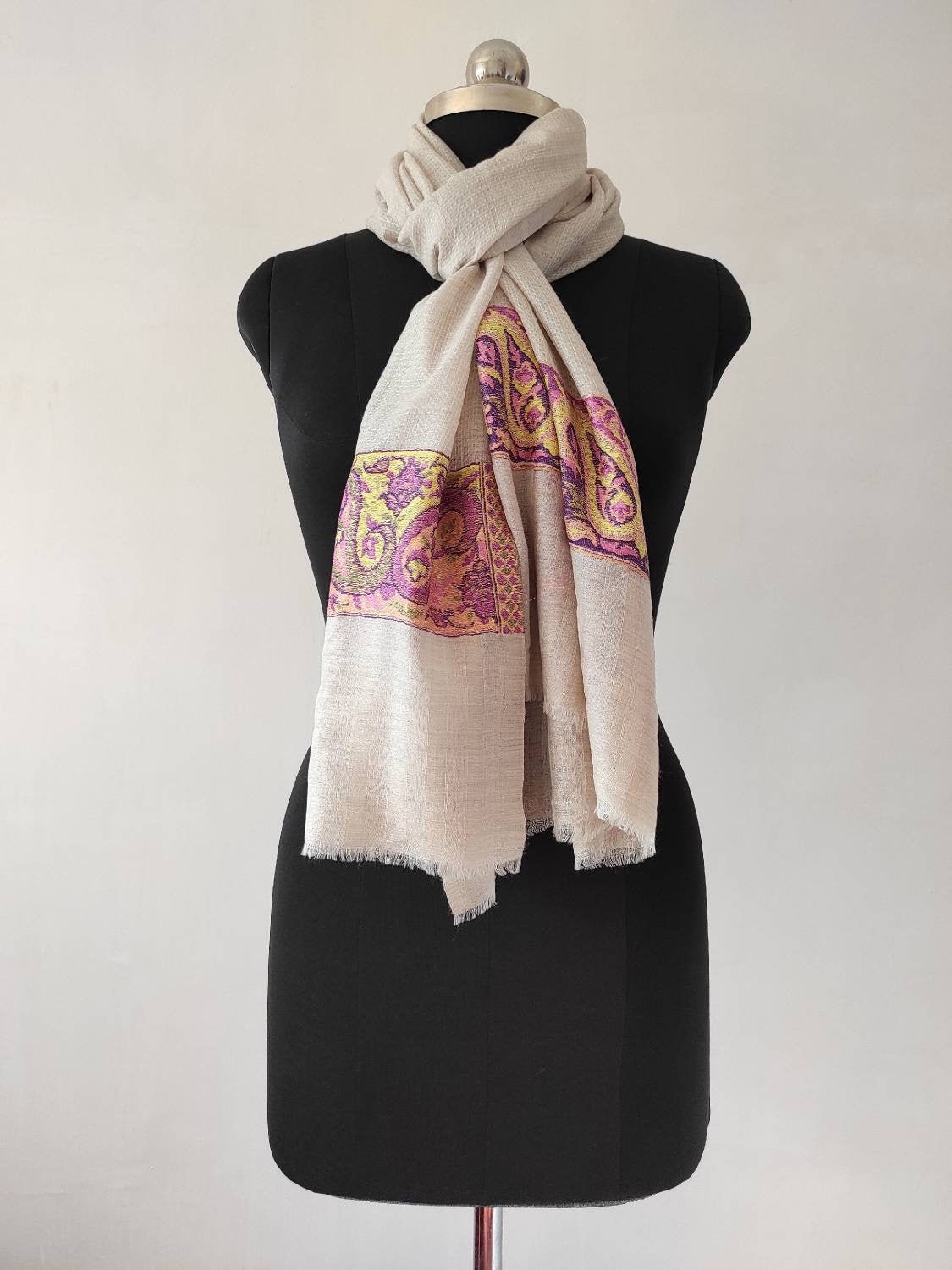 Beige Pashmina Scarf: Unisex Wool Stole, Self Print (28x80 inch) BATIN