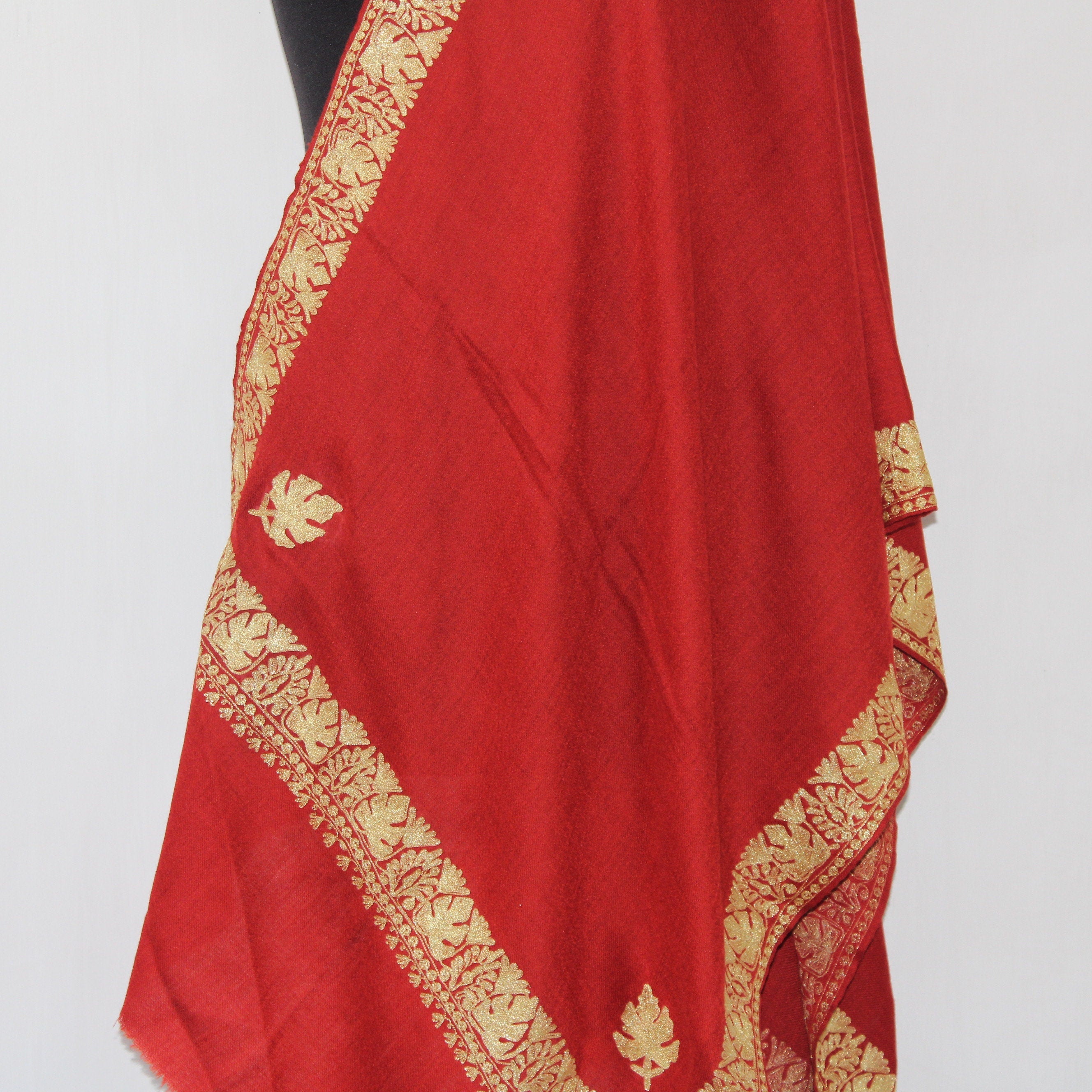 Embroidered Scarf, Kashmiri Tilla Embroidered Stole, Zari Embroidered Scarf, Fine Merino Wool Stoles, Red Scarf BATIN