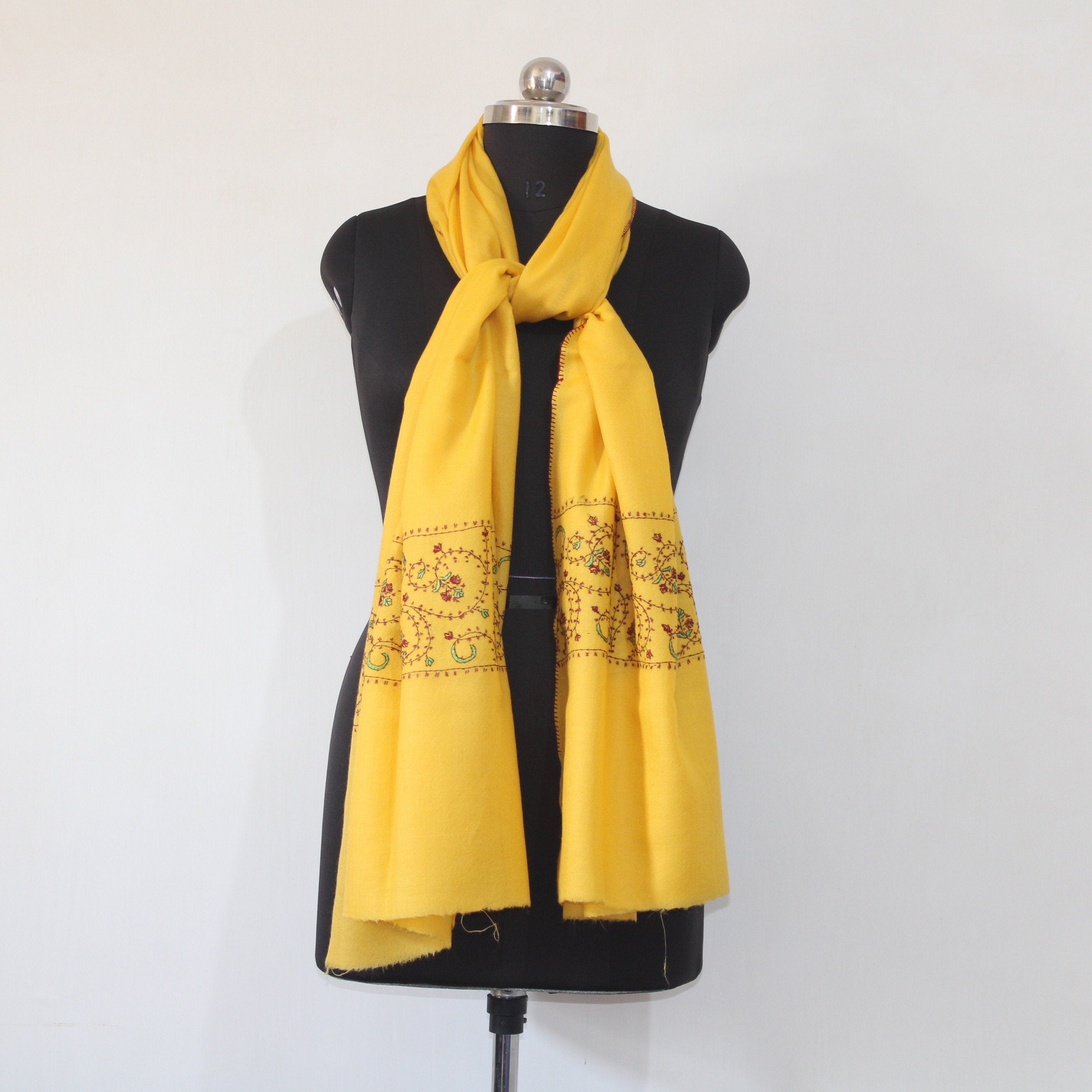 Kashmiri Sozni Embroidered Merino Wool Scarf - Mustard Pashmina Wrap - BATIN