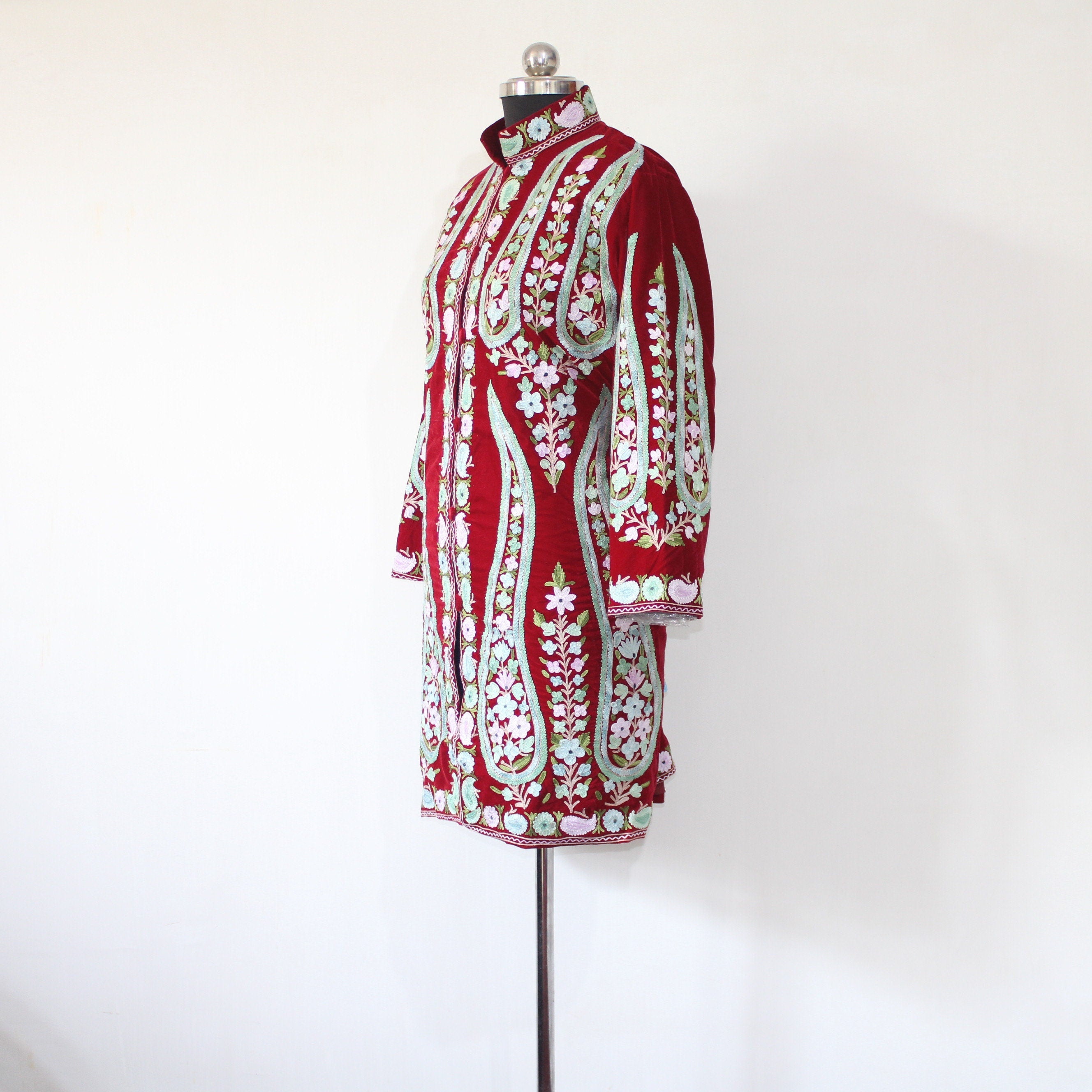 Kashmiri Embroidered Velvet Jacket, Embroidered Coat, Long Jacket, Red Jacket, BATIN® BATIN