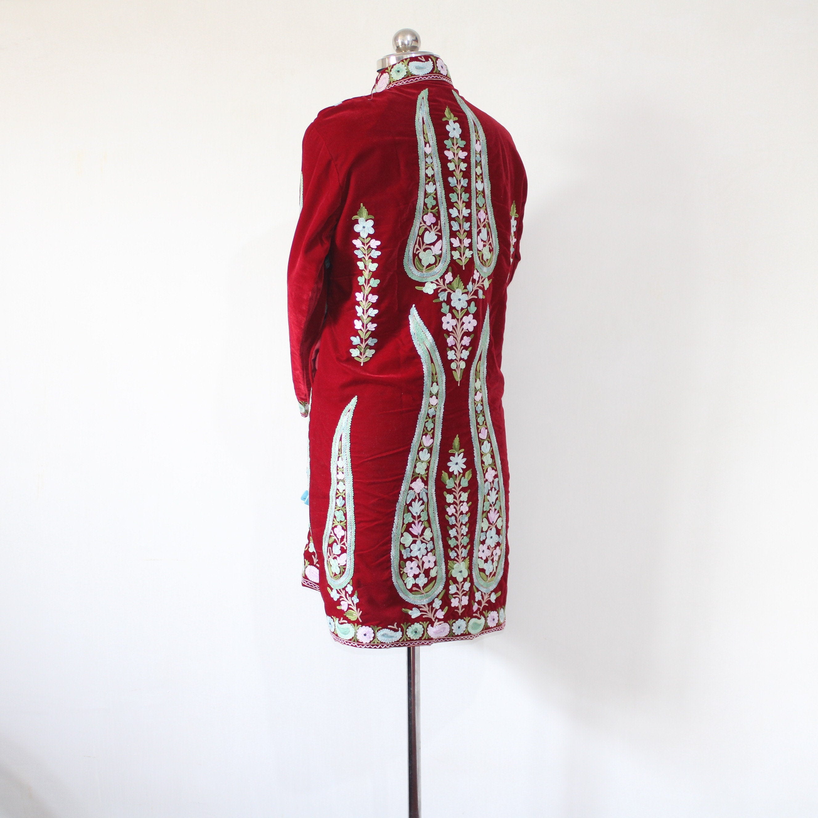 Kashmiri Embroidered Velvet Jacket, Embroidered Coat, Long Jacket, Red Jacket, BATIN® BATIN