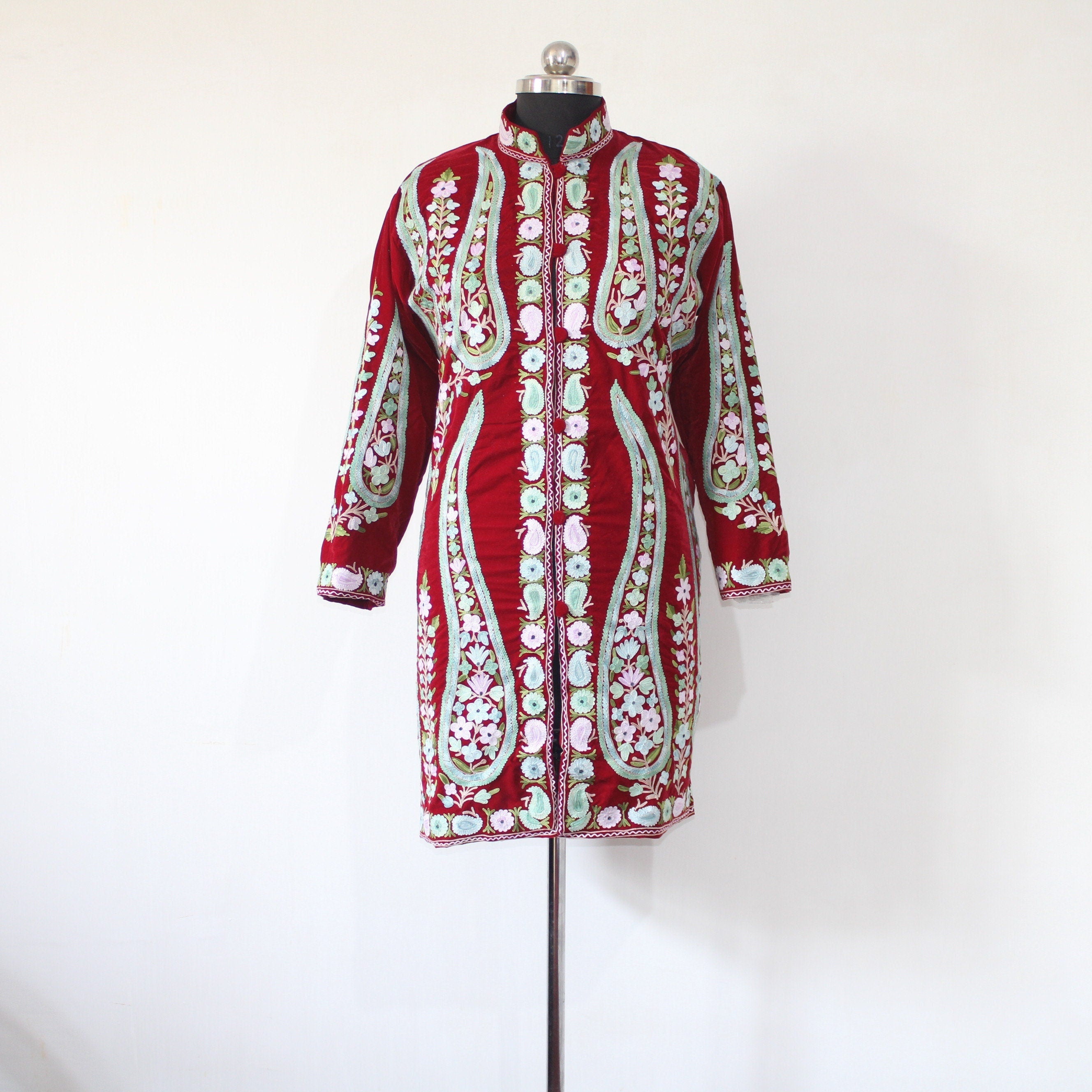 Kashmiri Embroidered Velvet Jacket, Embroidered Coat, Long Jacket, Red Jacket, BATIN® BATIN