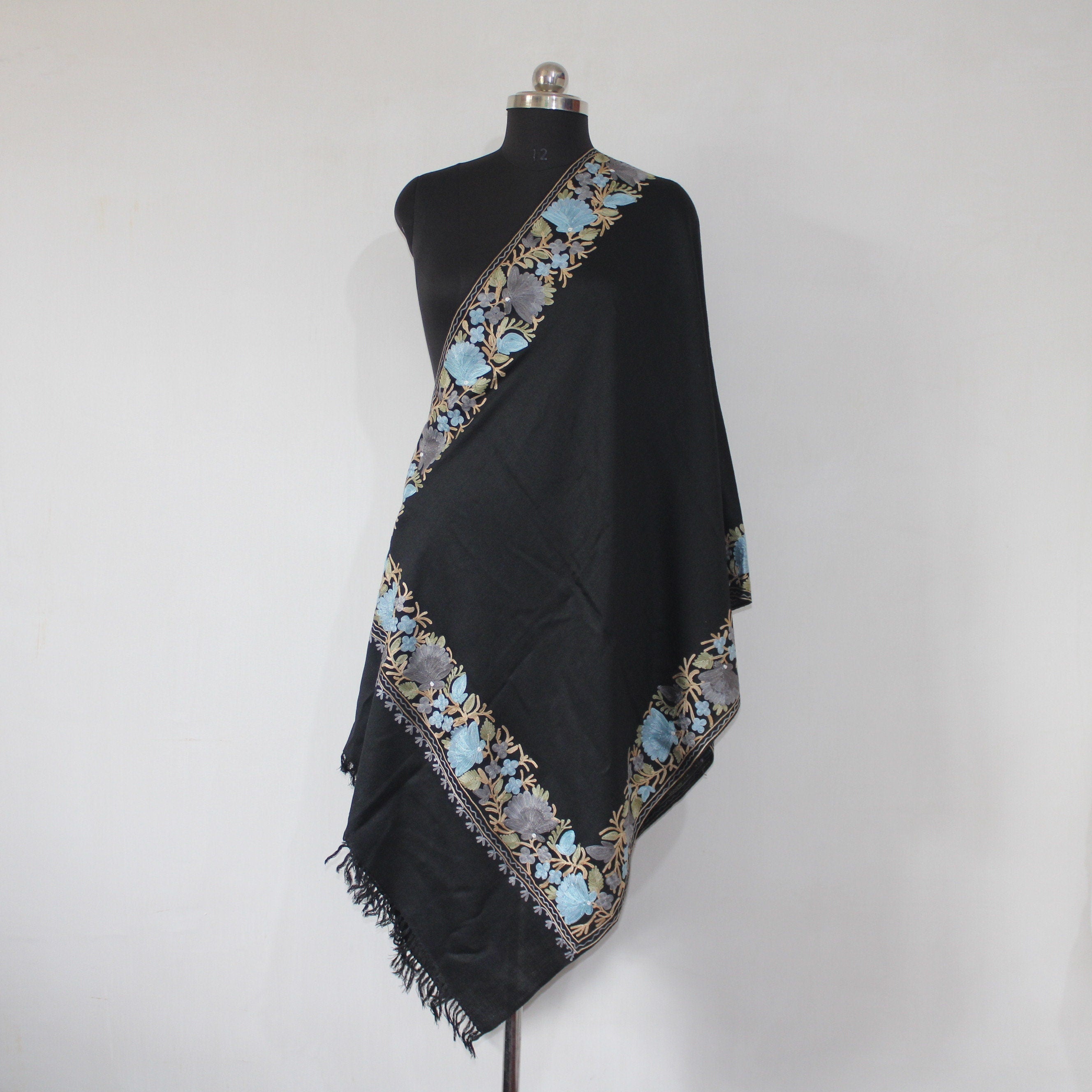 Kashmiri Embroidered Scarf, Fine Merino Wool Stole, Fine Wool Scarf, Embroidered Wraps, Kashmiri Stole, Black Stole, BATIN® BATIN
