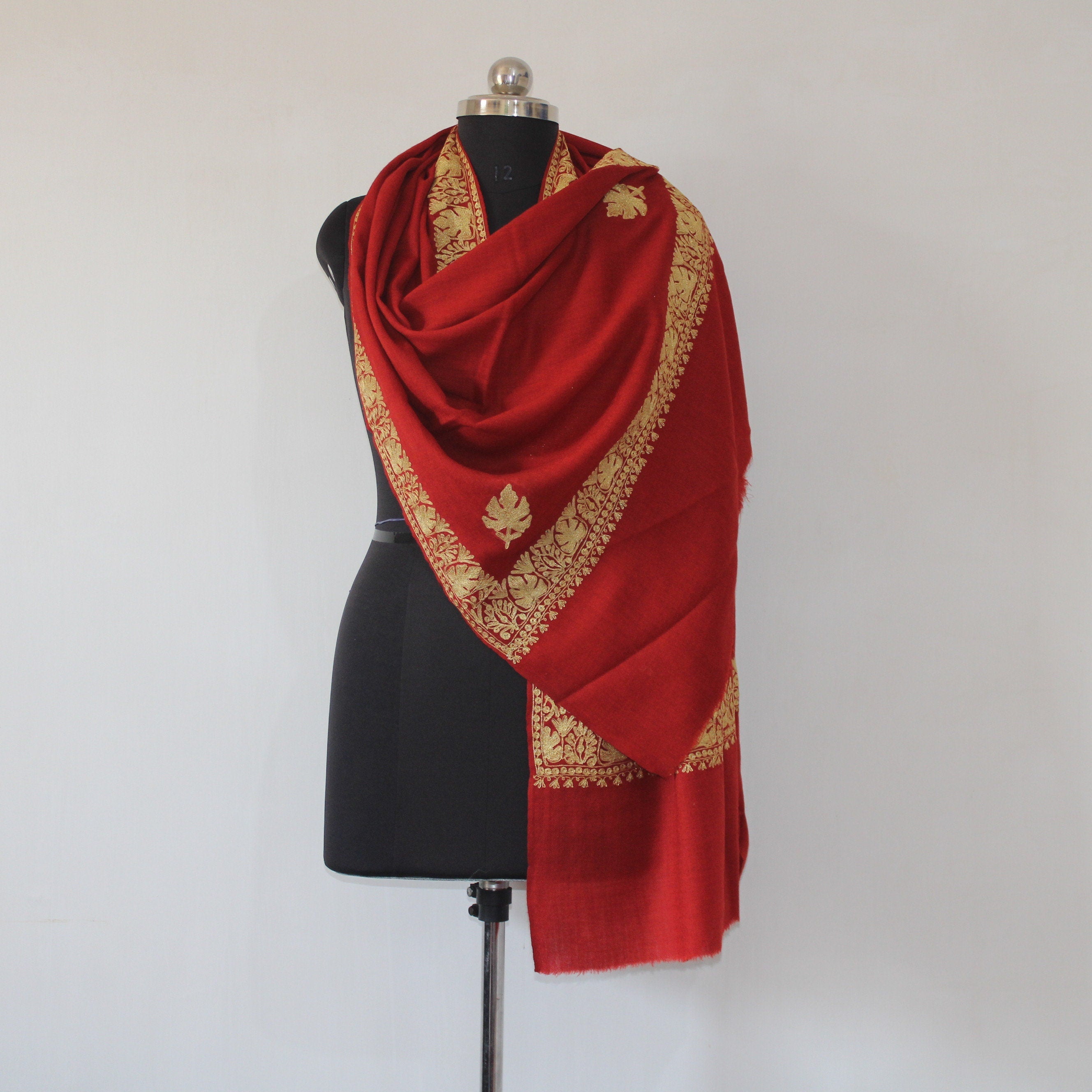 Embroidered Scarf, Kashmiri Tilla Embroidered Stole, Zari Embroidered Scarf, Fine Merino Wool Stoles, Red Scarf BATIN