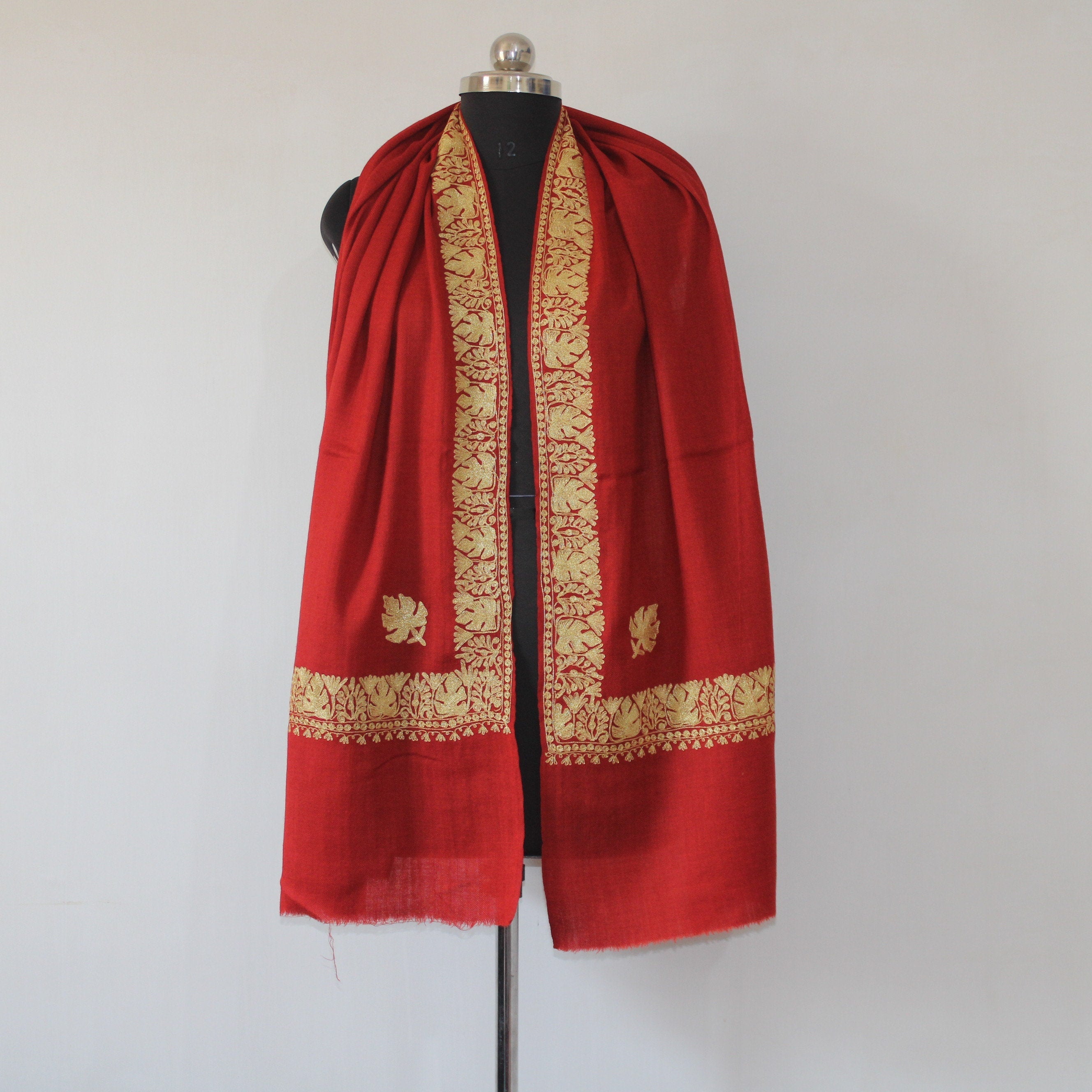 Embroidered Scarf, Kashmiri Tilla Embroidered Stole, Zari Embroidered Scarf, Fine Merino Wool Stoles, Red Scarf BATIN