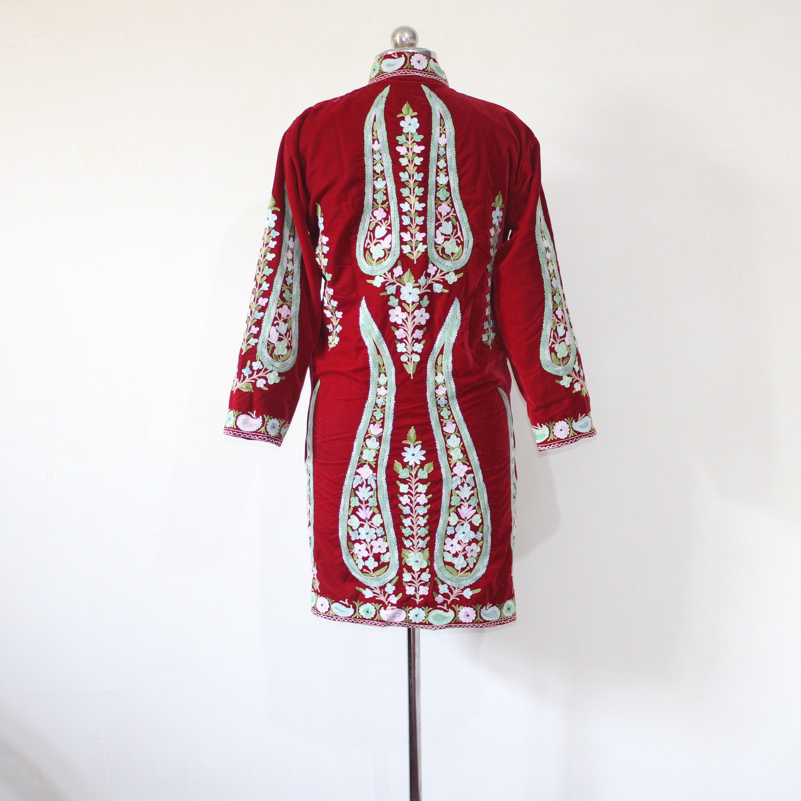 Kashmiri Embroidered Velvet Jacket, Embroidered Coat, Long Jacket, Red Jacket, BATIN® BATIN