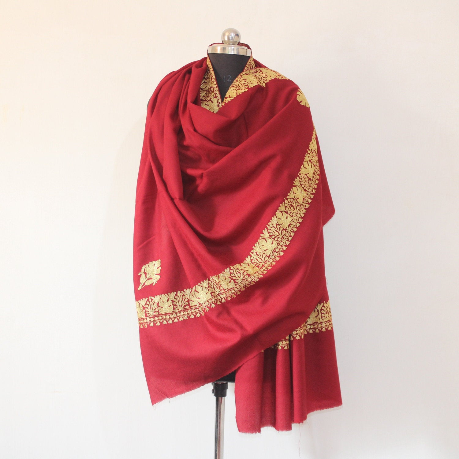 Fine Wool Embroidered Shawl, Kashmiri Embroidery Tilla Shawl, Kashmiri Embroidered Shawl, Kashmiri Shawl For Women, Maroon Shawl BATIN