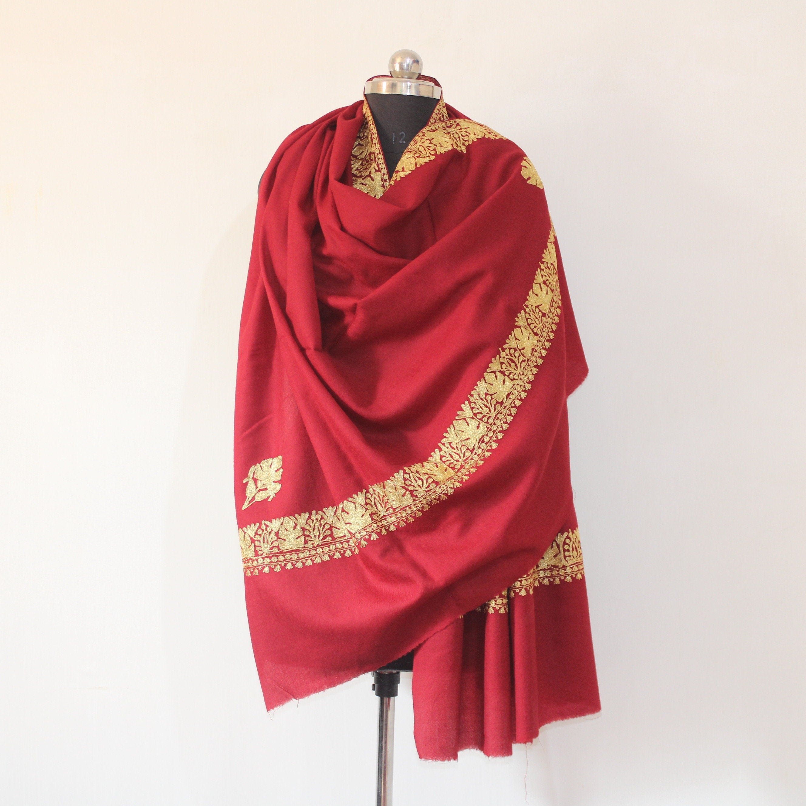 Fine Wool Embroidered Shawl, Kashmiri Embroidery Tilla Shawl, Kashmiri Embroidered Shawl, Kashmiri Shawl For Women, Maroon Shawl BATIN