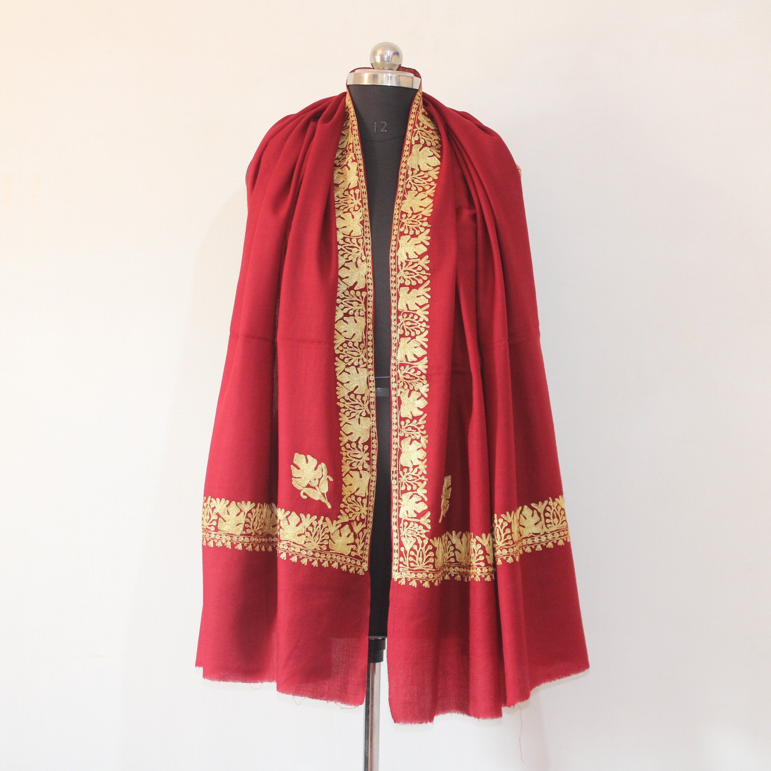 Fine Wool Embroidered Shawl, Kashmiri Embroidery Tilla Shawl, Kashmiri Embroidered Shawl, Kashmiri Shawl For Women, Maroon Shawl BATIN