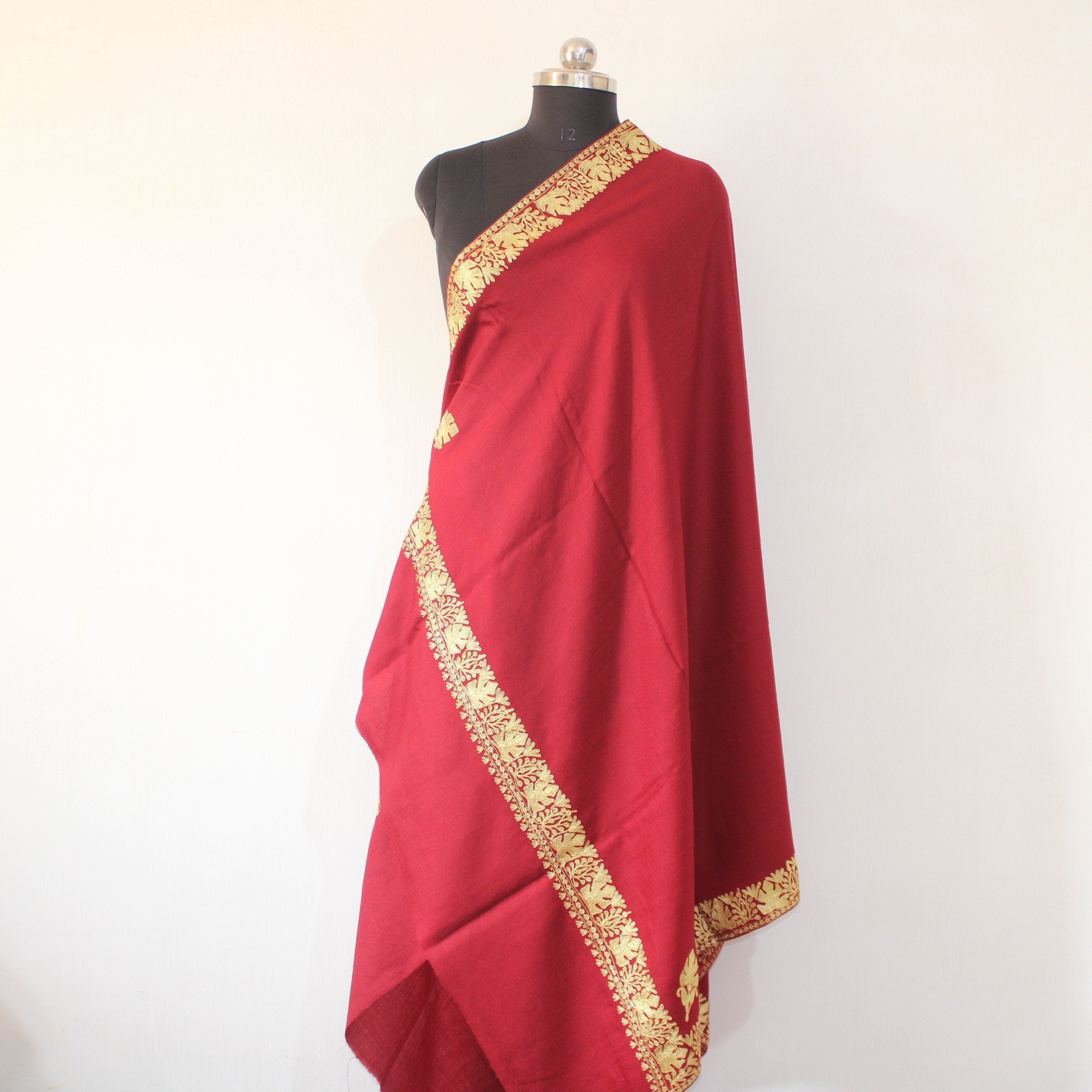 Fine Wool Embroidered Shawl, Kashmiri Embroidery Tilla Shawl, Kashmiri Embroidered Shawl, Kashmiri Shawl For Women, Maroon Shawl BATIN