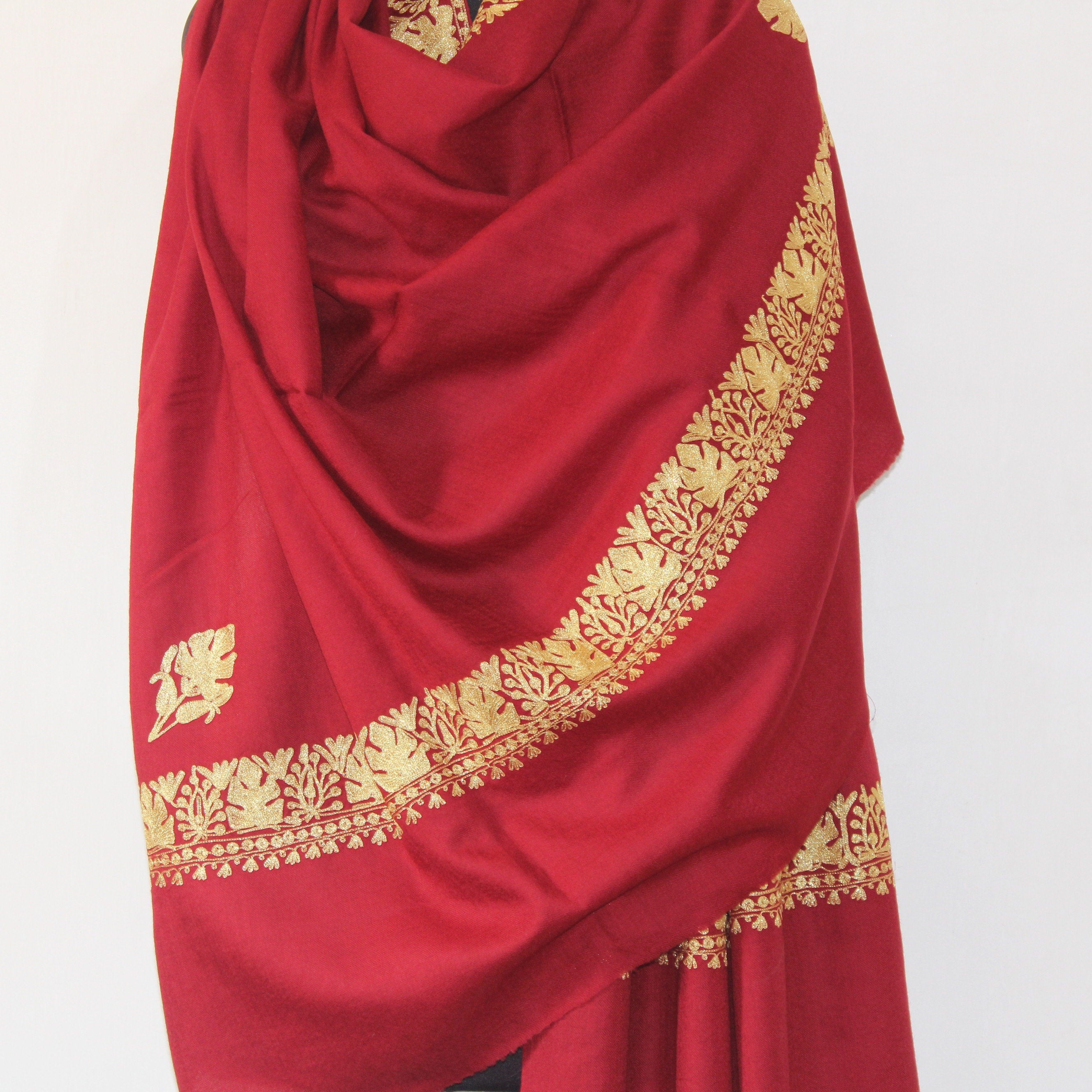 Fine Wool Embroidered Shawl, Kashmiri Embroidery Tilla Shawl, Kashmiri Embroidered Shawl, Kashmiri Shawl For Women, Maroon Shawl BATIN
