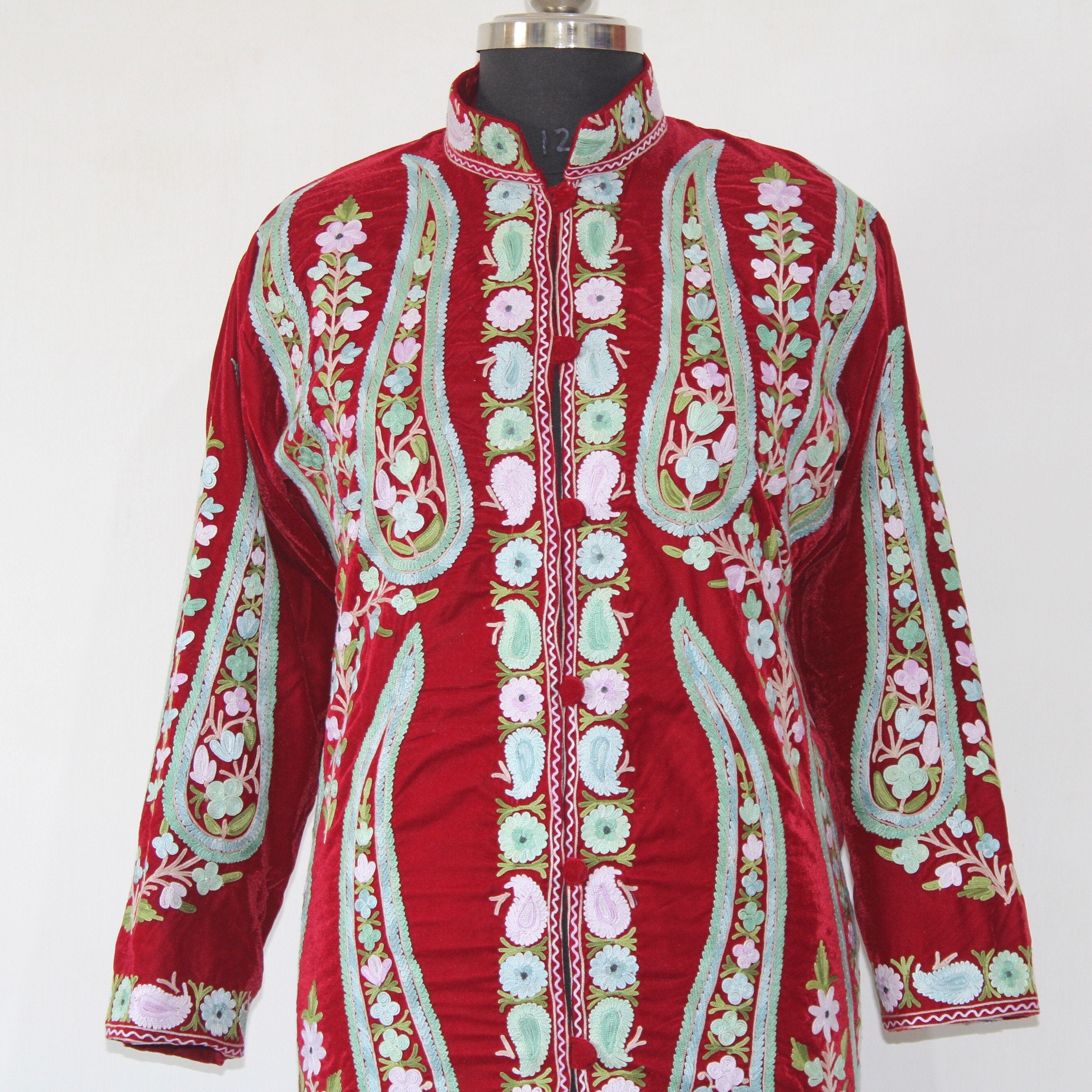 Kashmiri Embroidered Velvet Jacket, Embroidered Coat, Long Jacket, Red Jacket, BATIN® BATIN