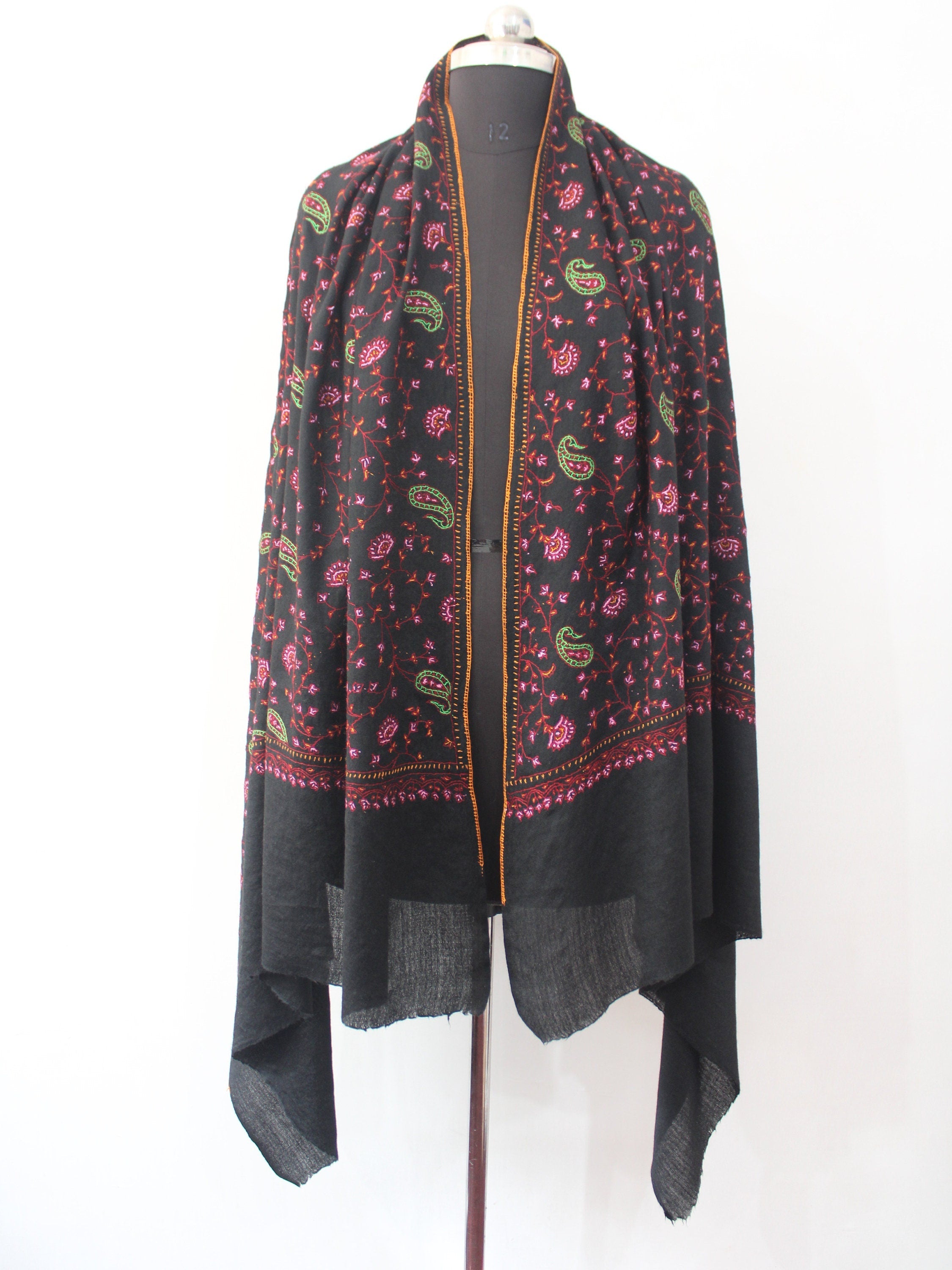 Black Merino Wool Kashmiri Shawl: Sozni Handwork Embroidery BATIN