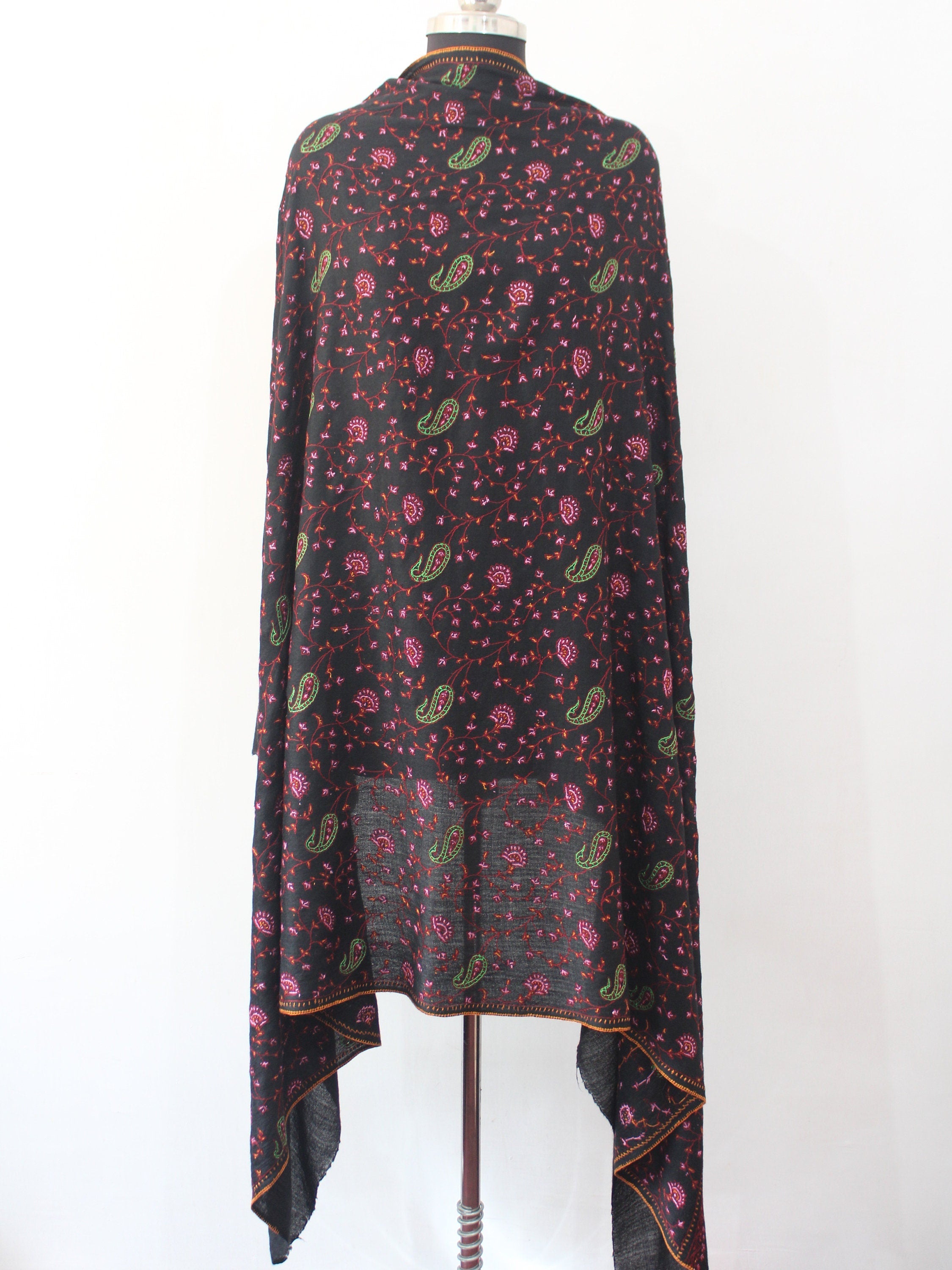 Black Merino Wool Kashmiri Shawl: Sozni Handwork Embroidery BATIN