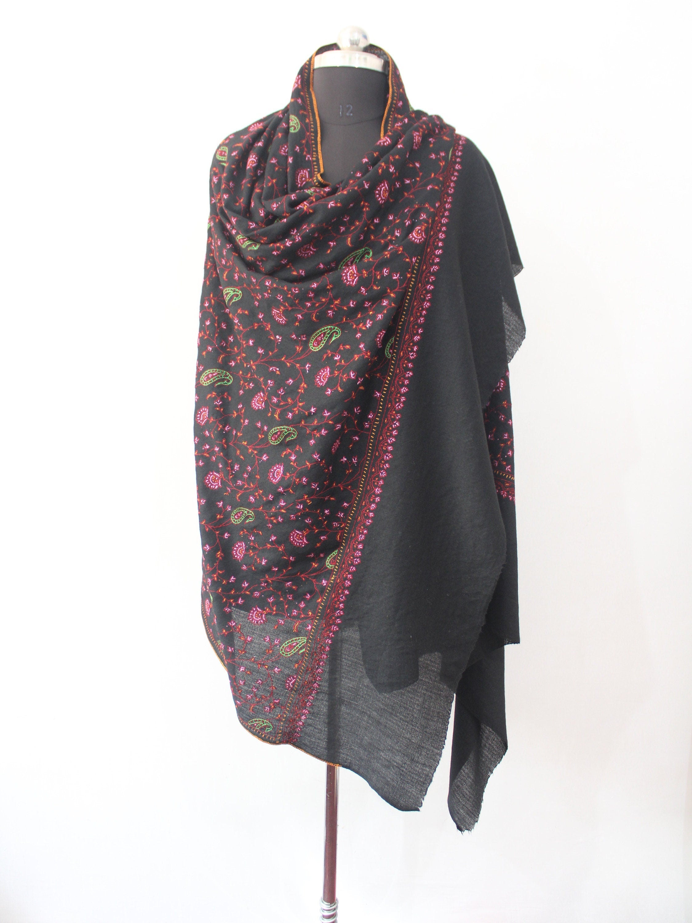 Black Merino Wool Kashmiri Shawl: Sozni Handwork Embroidery BATIN