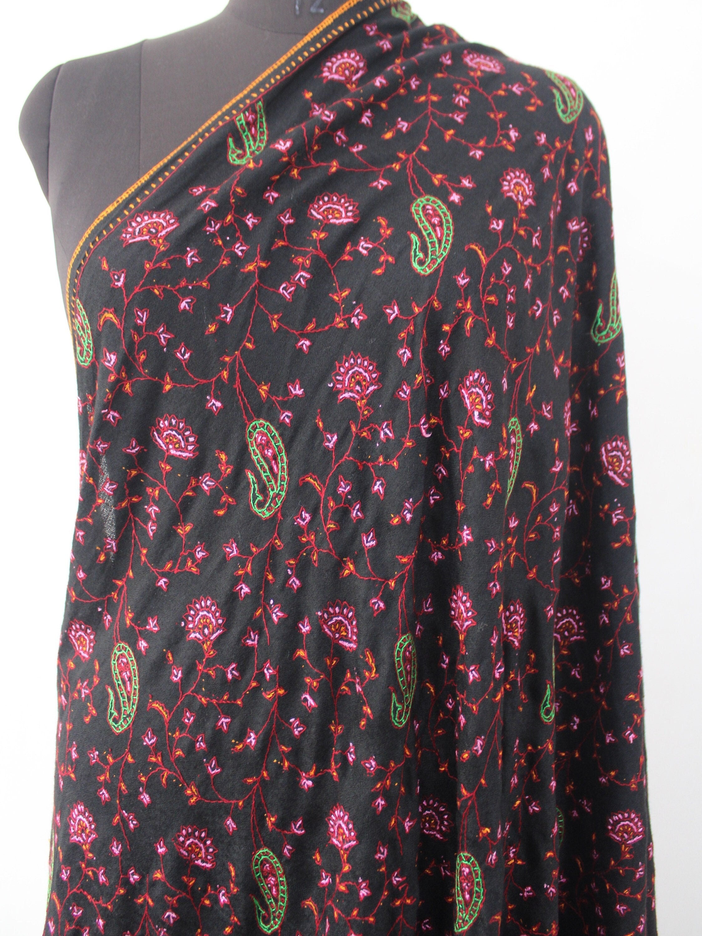 Black Merino Wool Kashmiri Shawl: Sozni Handwork Embroidery BATIN