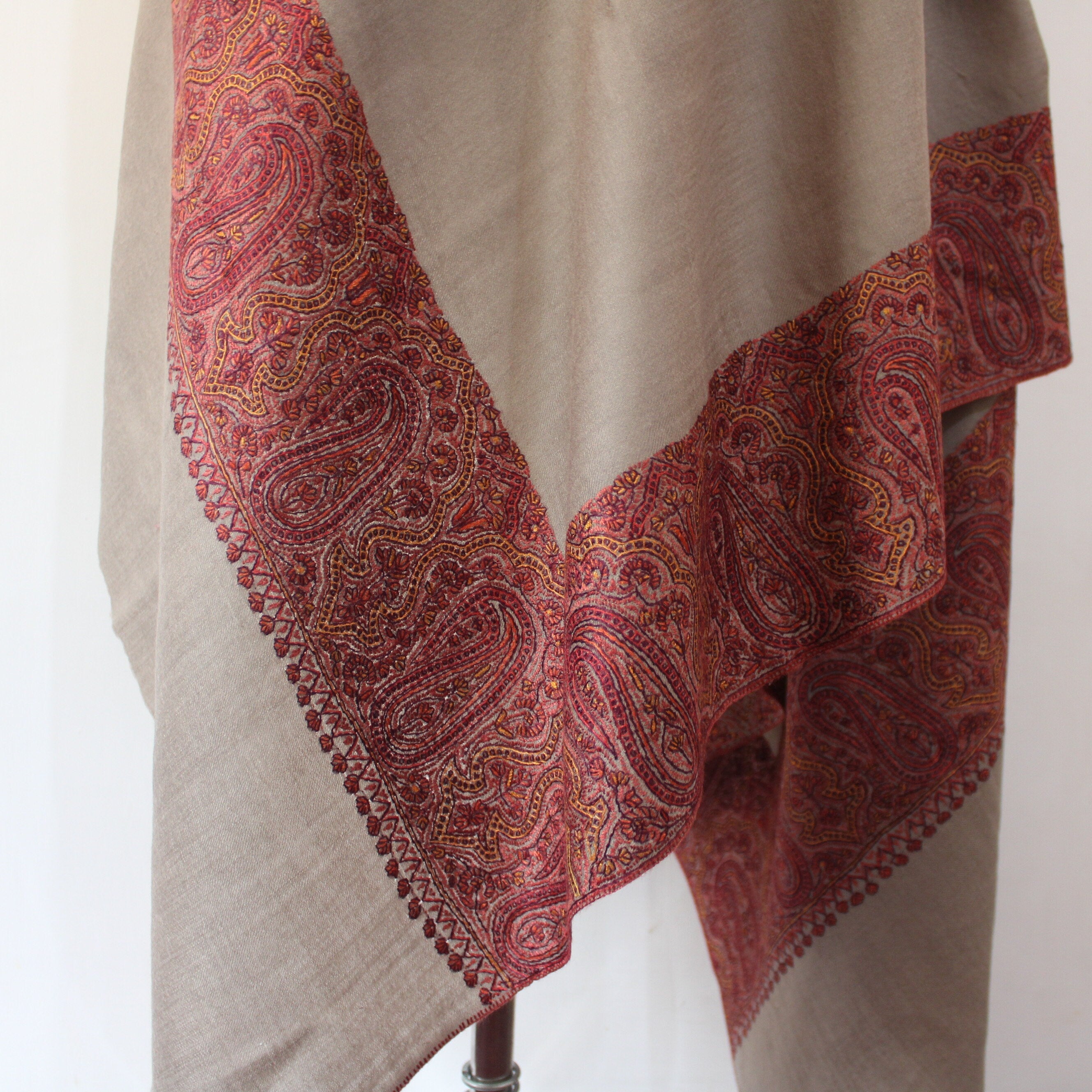 Merino Wool Shawl: Kashmiri Sozni Embroidery, Paisley Wrap BATIN