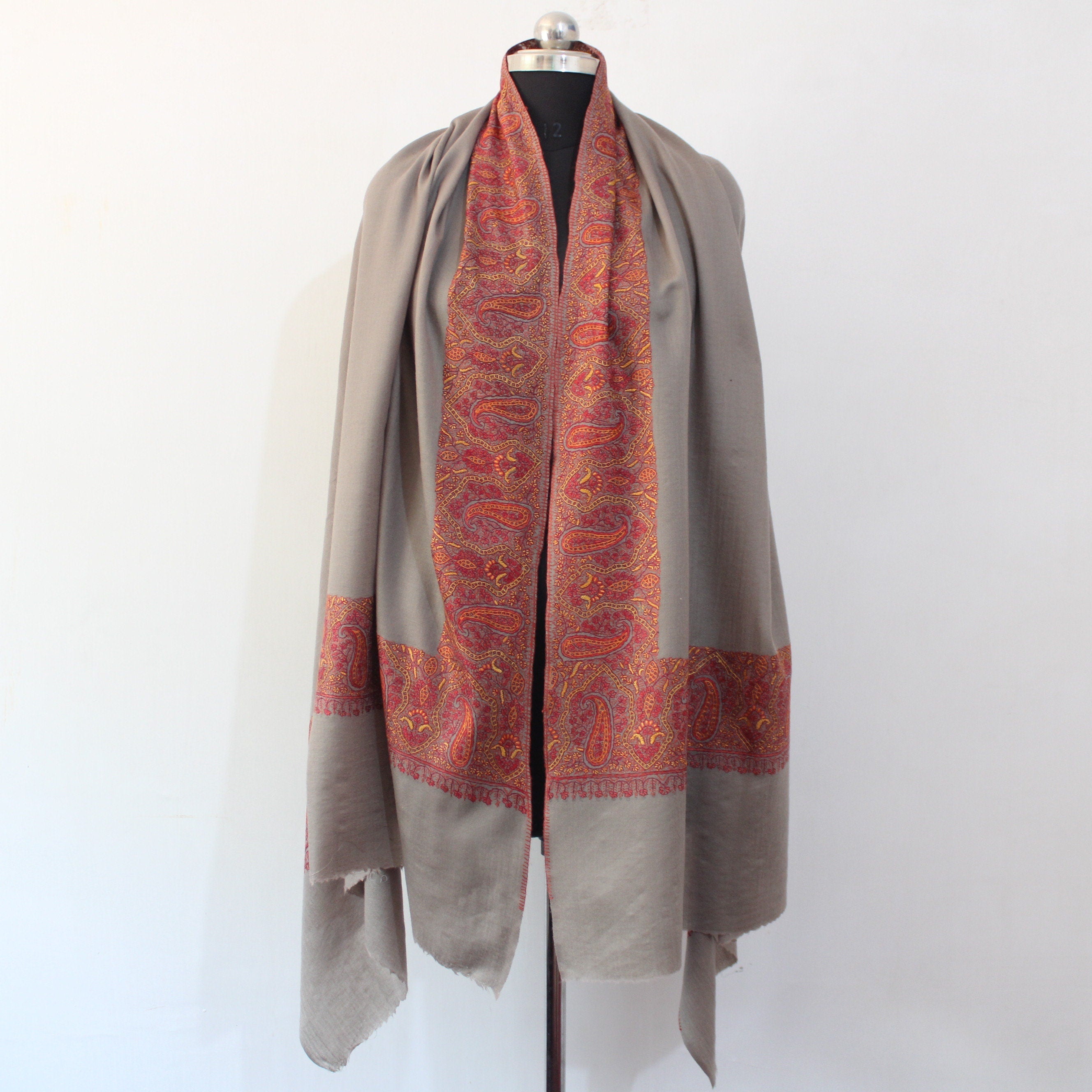 Hand Embroidered Merino Wool Shawl: Kashmiri Sozni Paisley Wrap BATIN