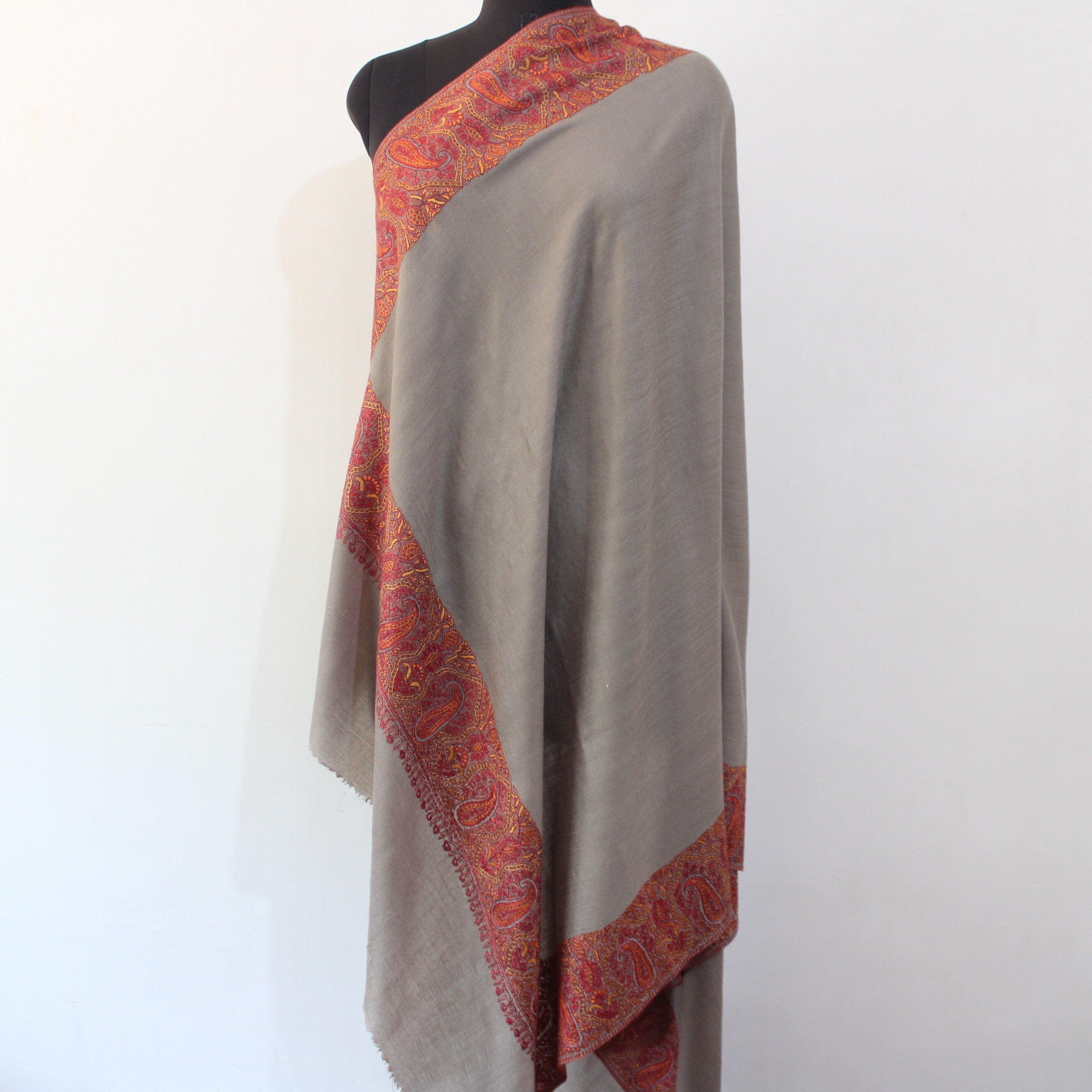 Hand Embroidered Merino Wool Shawl: Kashmiri Sozni Paisley Wrap BATIN