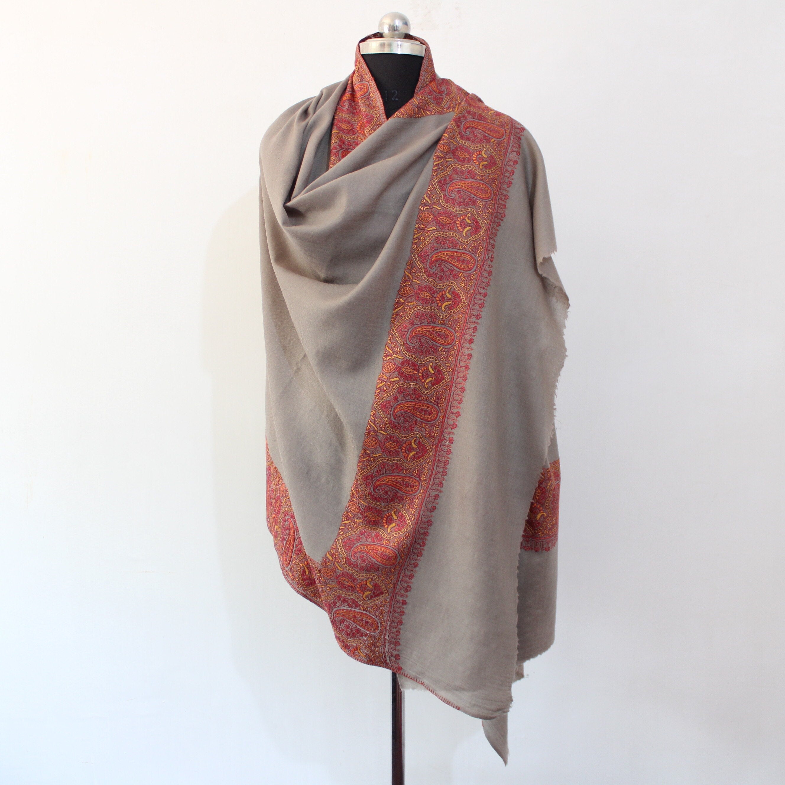 Hand Embroidered Merino Wool Shawl: Kashmiri Sozni Paisley Wrap BATIN