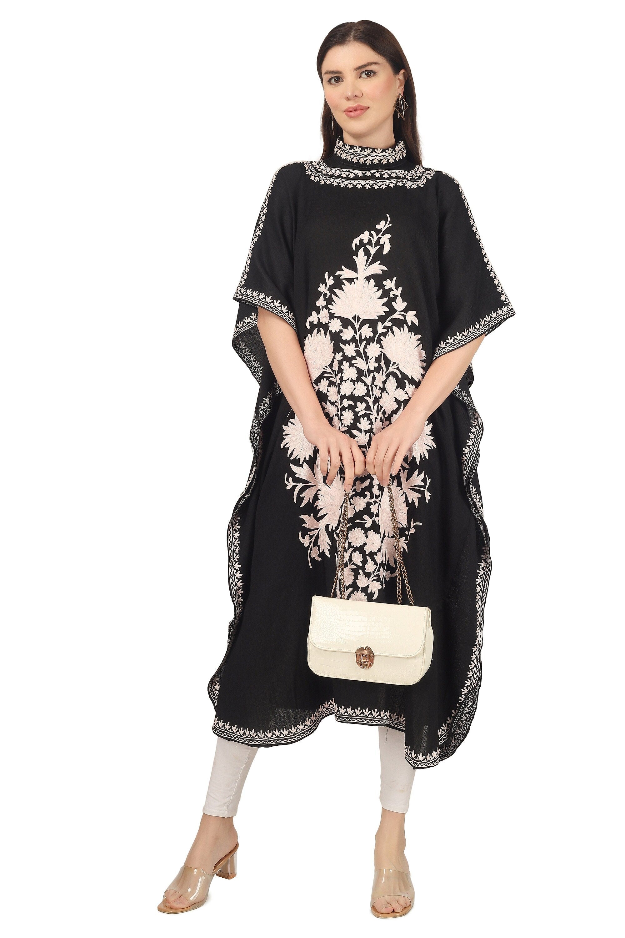 Handmade Merino Wool Kaftan: Black Kashmiri Aari Embroidered Maxi Dress BATIN
