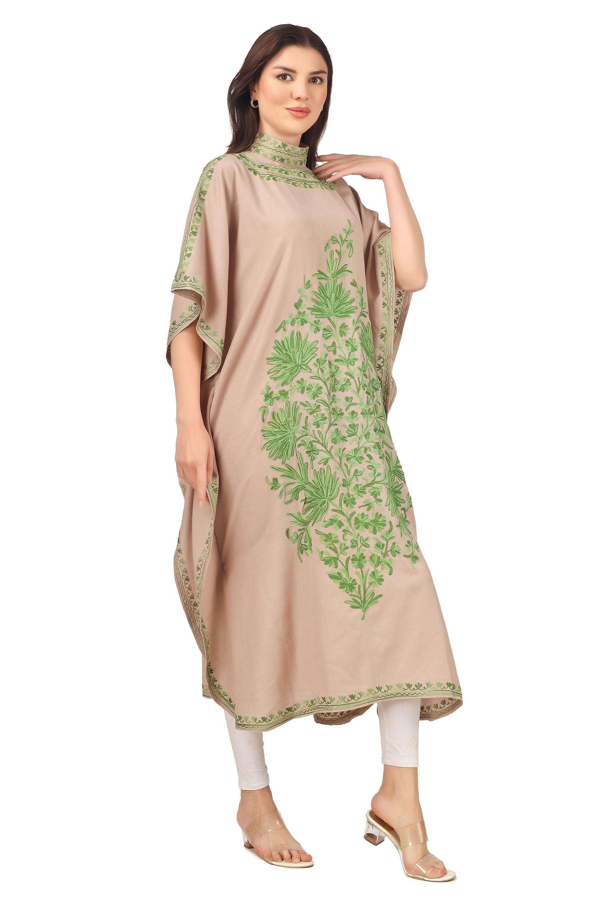 Woolen Kaftan, Aari Embroidered Kaftan, Kashmiri Kaftan, Women Caftan, Beige Kaftan, BATIN