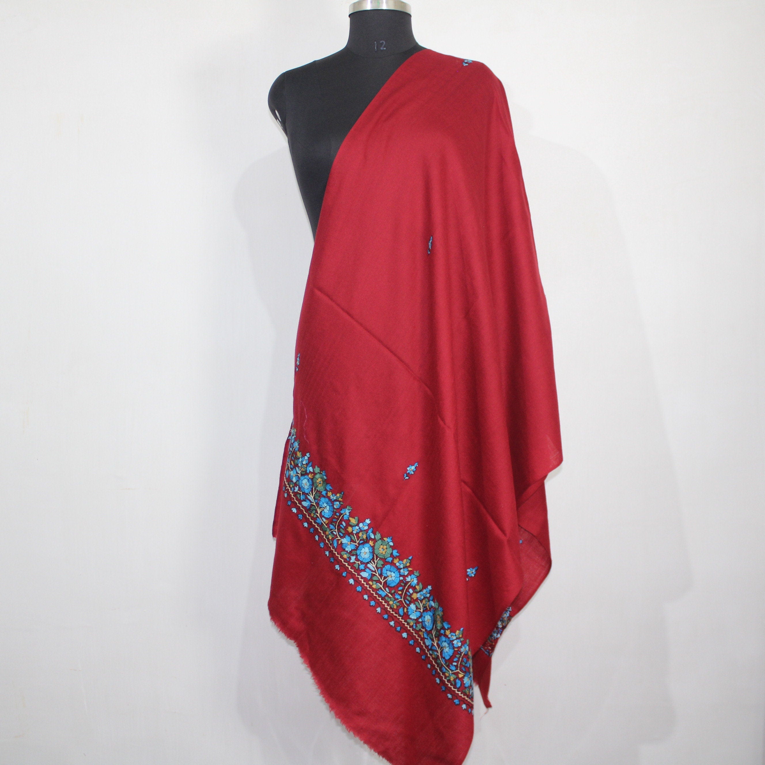 Kashmiri Maroon Wool Scarf: Handmade Paper Mache Embroidery Stole - BATIN