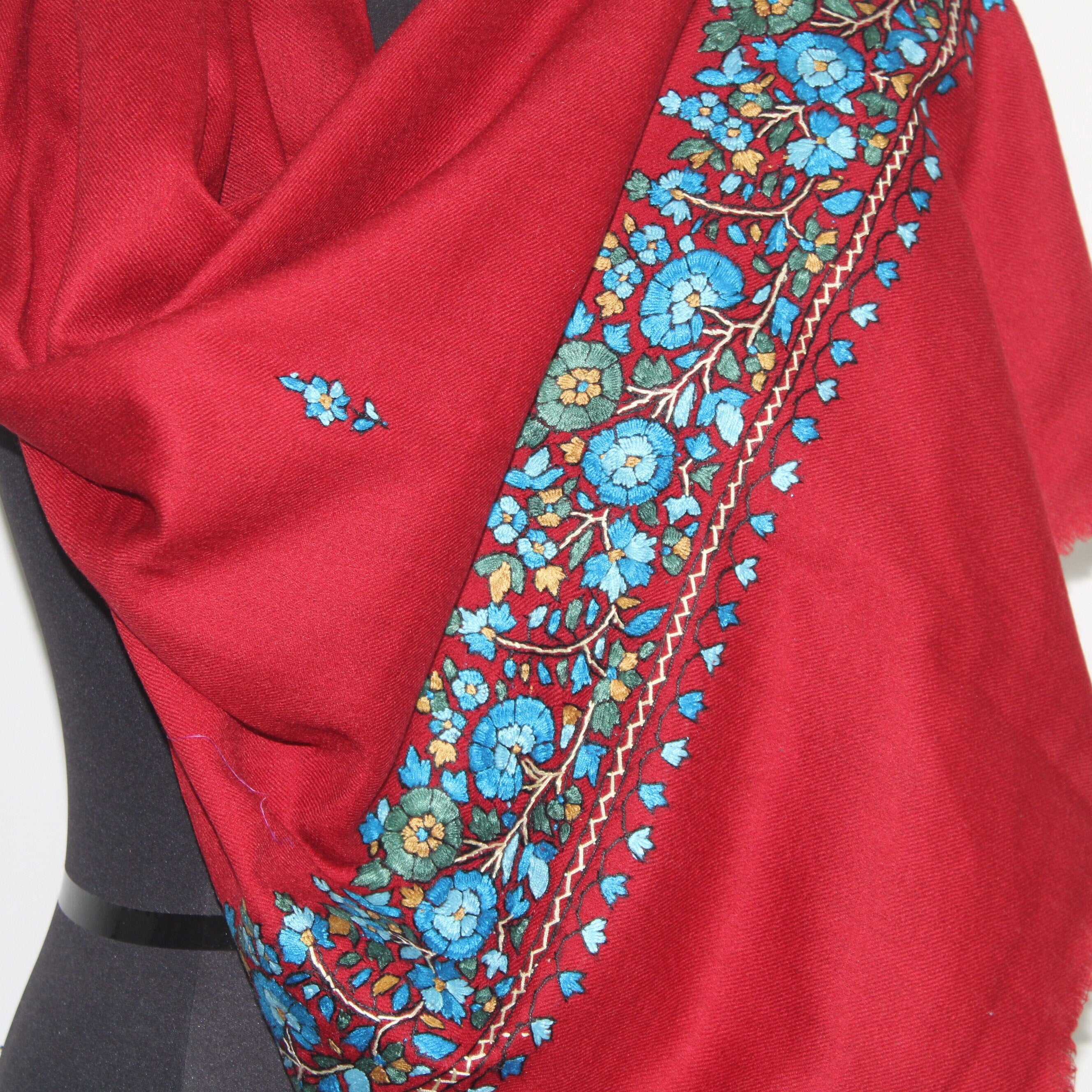 Kashmiri Maroon Wool Scarf: Handmade Paper Mache Embroidery Stole BATIN